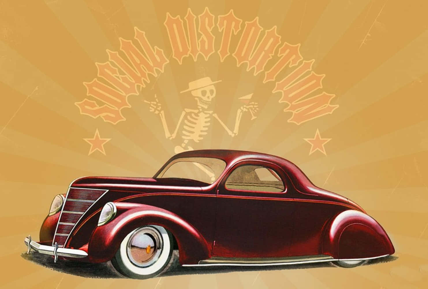 Social Distortion, glossy red vintage hot rod, skeletal driver, HD Desktop Wallpaper