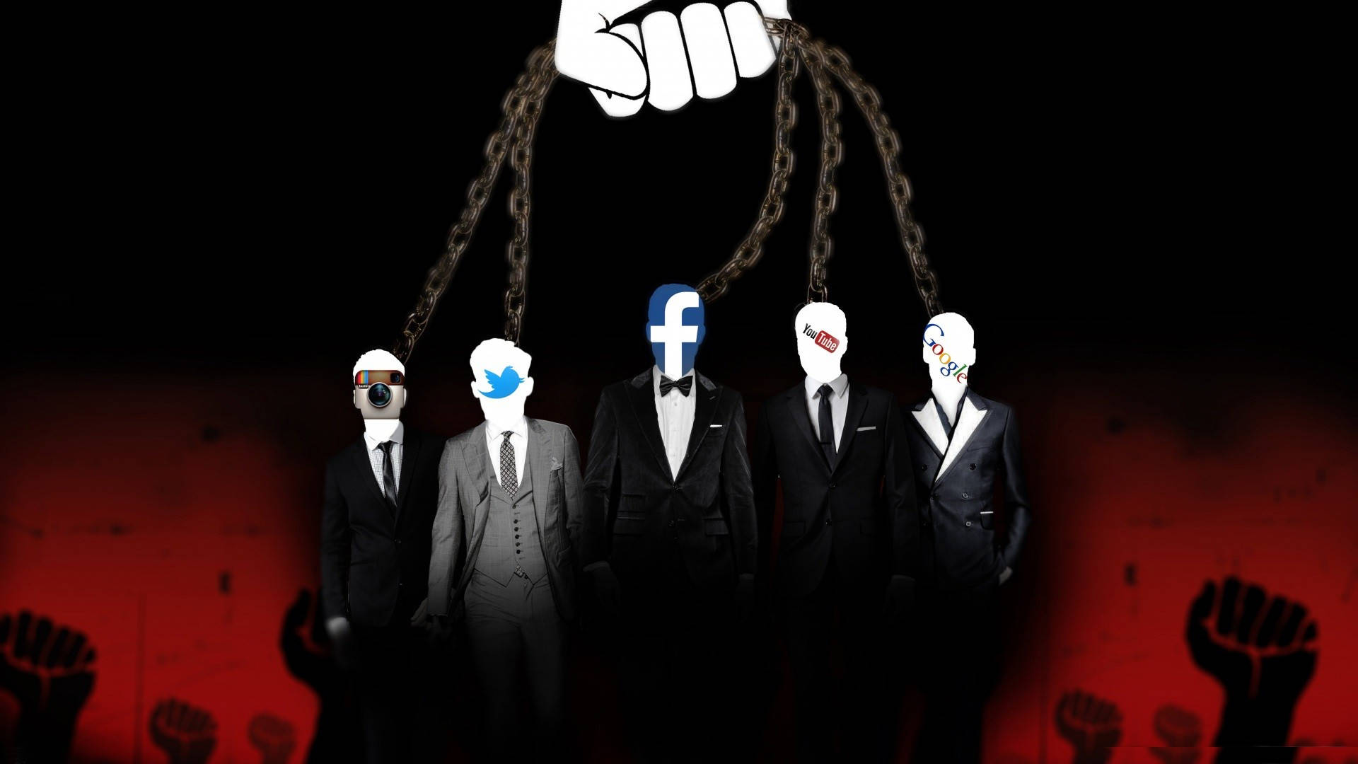 Social Media Chained Humans, white hand, social media icons, Full HD Desktop Wallpaper