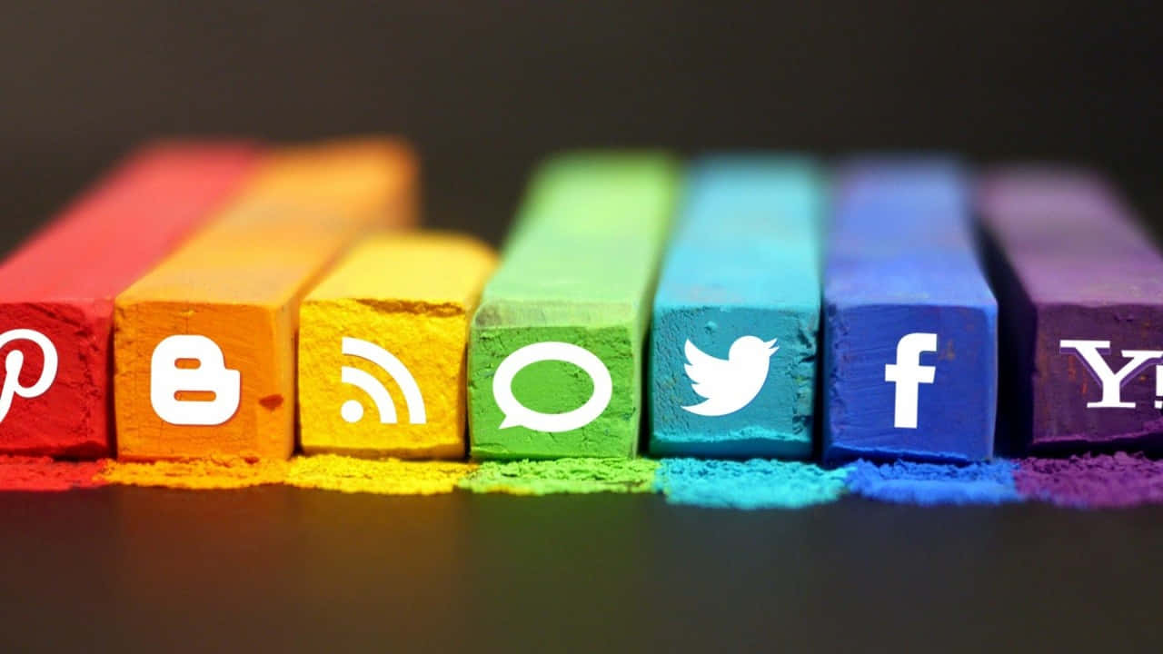 social media icons, rainbow colored chalk pieces, social media logo, HD Desktop Wallpaper