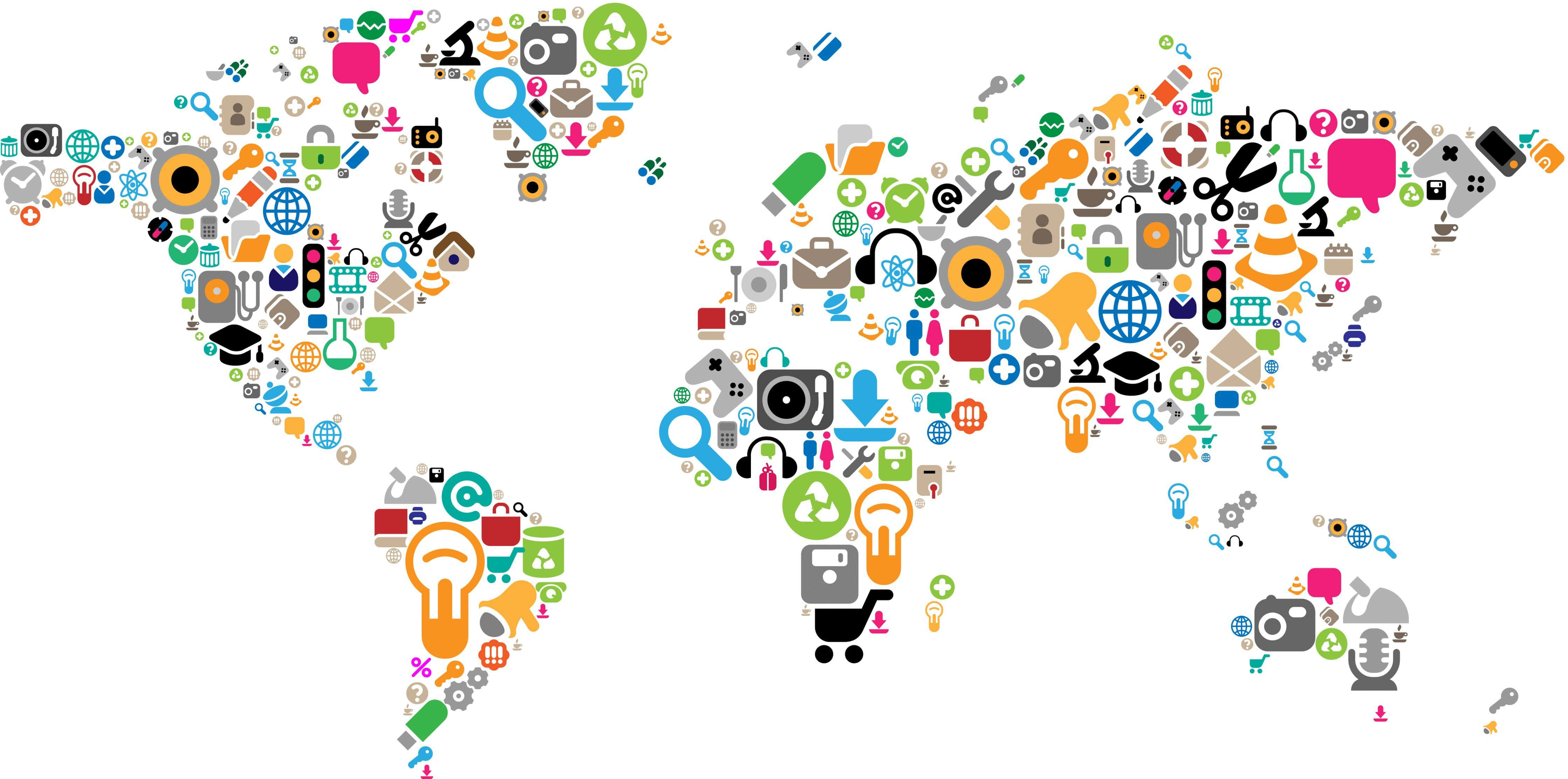 Social Media Apps, world map, global icons, 4K Desktop Wallpaper