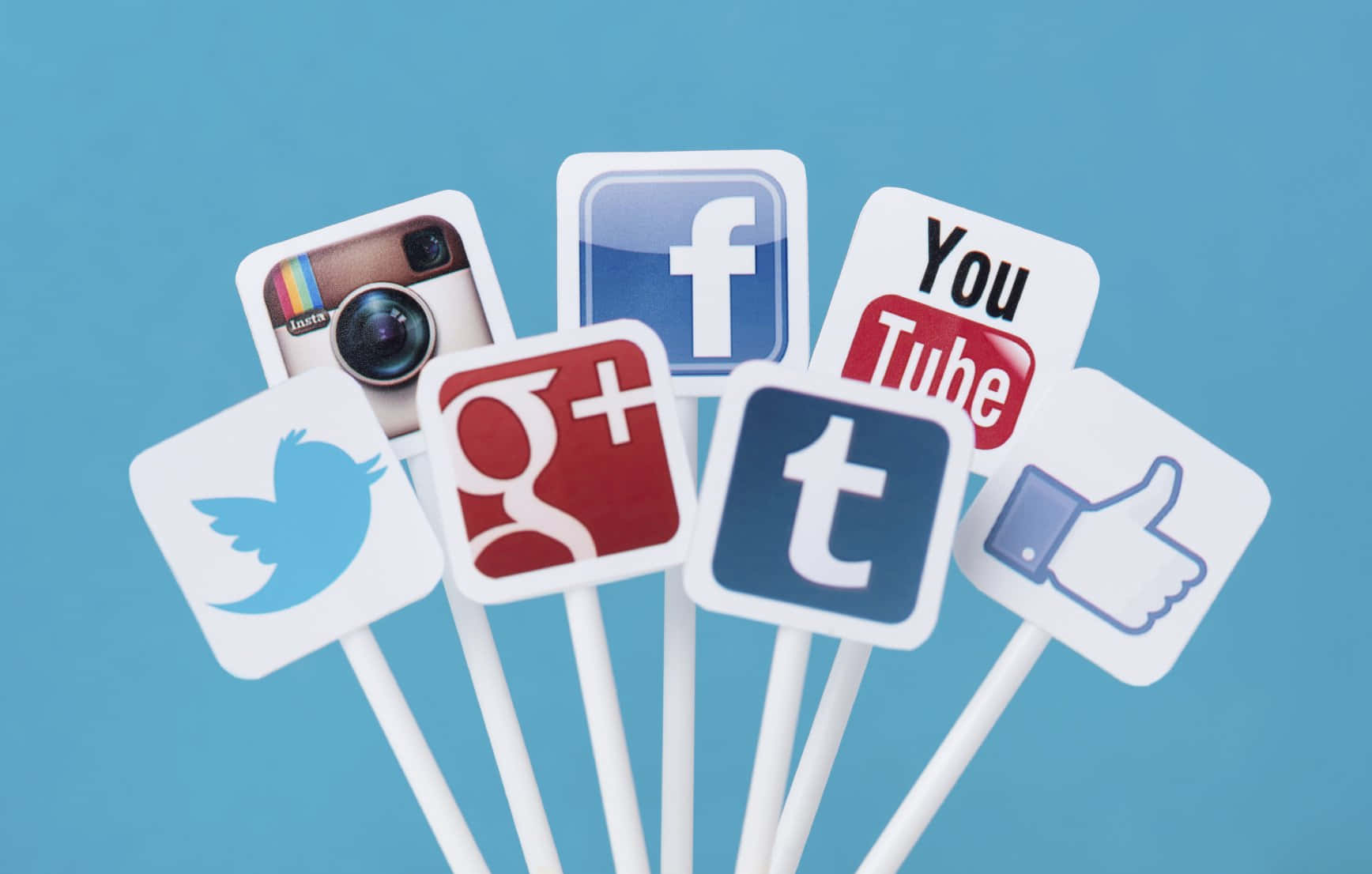 Social Media Apps, white sticks, solid blue background, HD Desktop Wallpaper