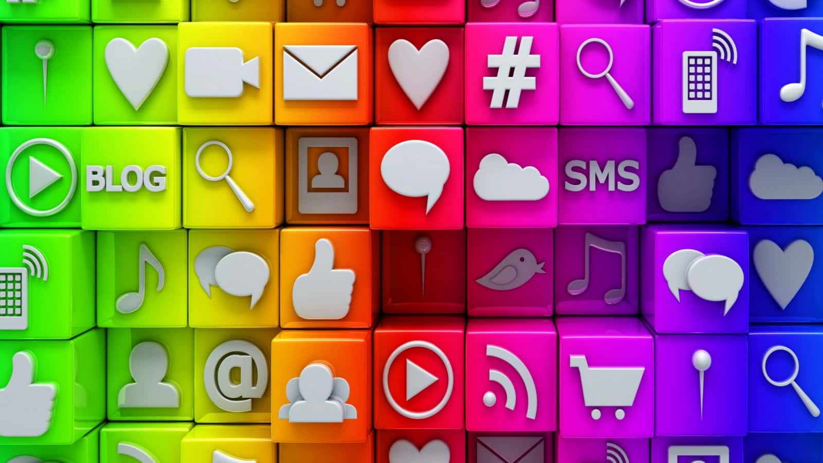 social media icons, 3d cubes, rainbow colors, HD Desktop Wallpaper