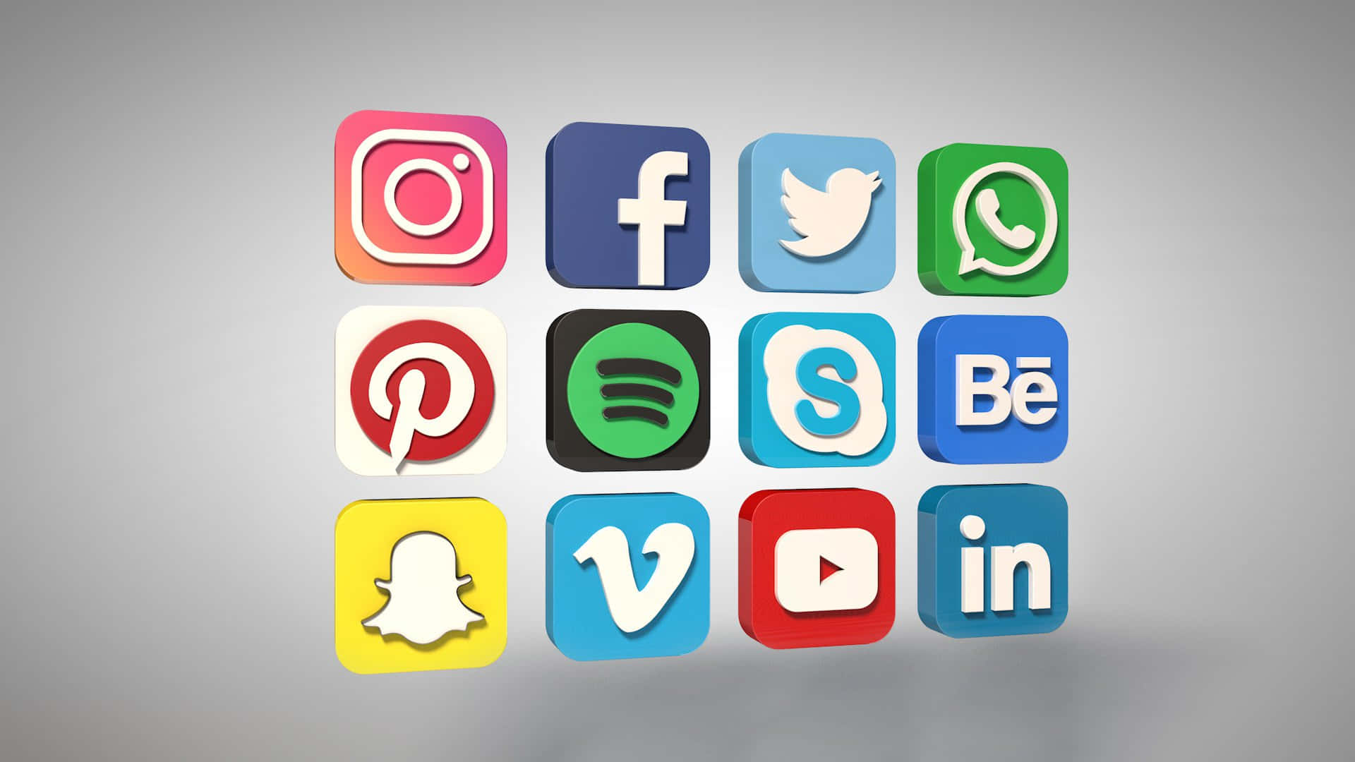 social media app icons, 3D, soft gray gradient background, Full HD Desktop Wallpaper