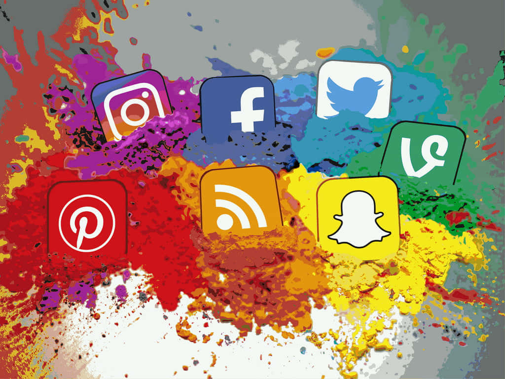Social Media Icons, vibrant paint splatters, floating social media app icons, SD Desktop Wallpaper