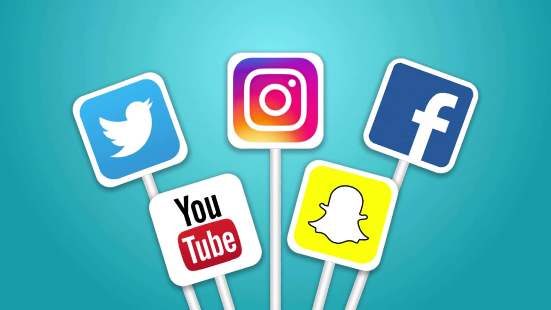 social media icons, white sticks, teal gradient background, Full HD Desktop Wallpaper