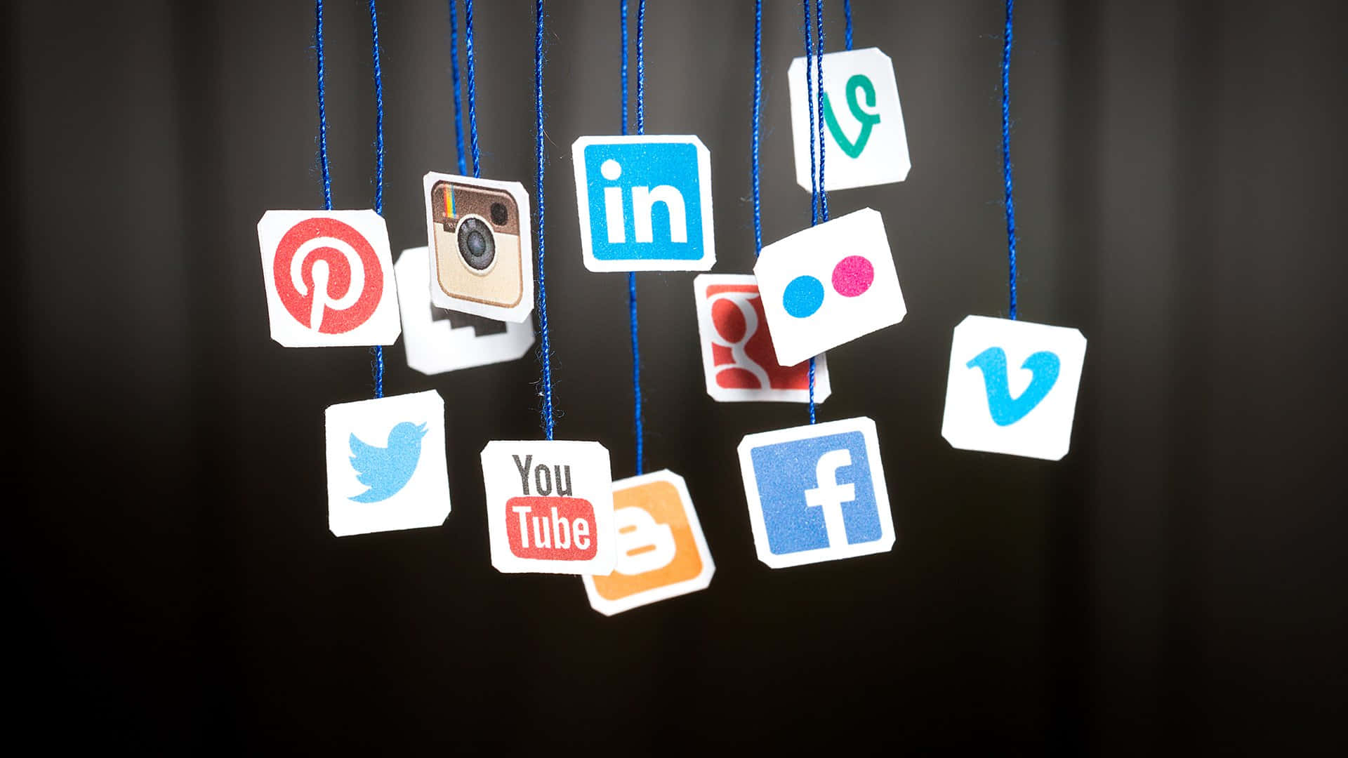 social media icons, blue strings, dark backdrop, Full HD Desktop Wallpaper