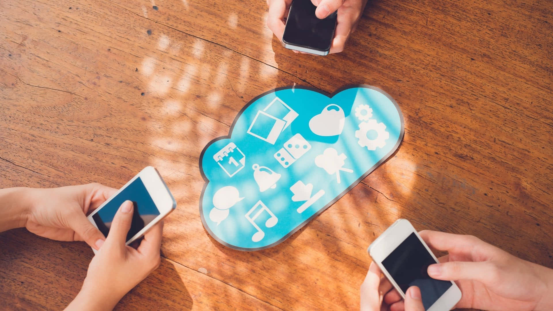Social Media Icons, blue cloud-shaped icon, white digital symbols, Full HD Desktop Wallpaper