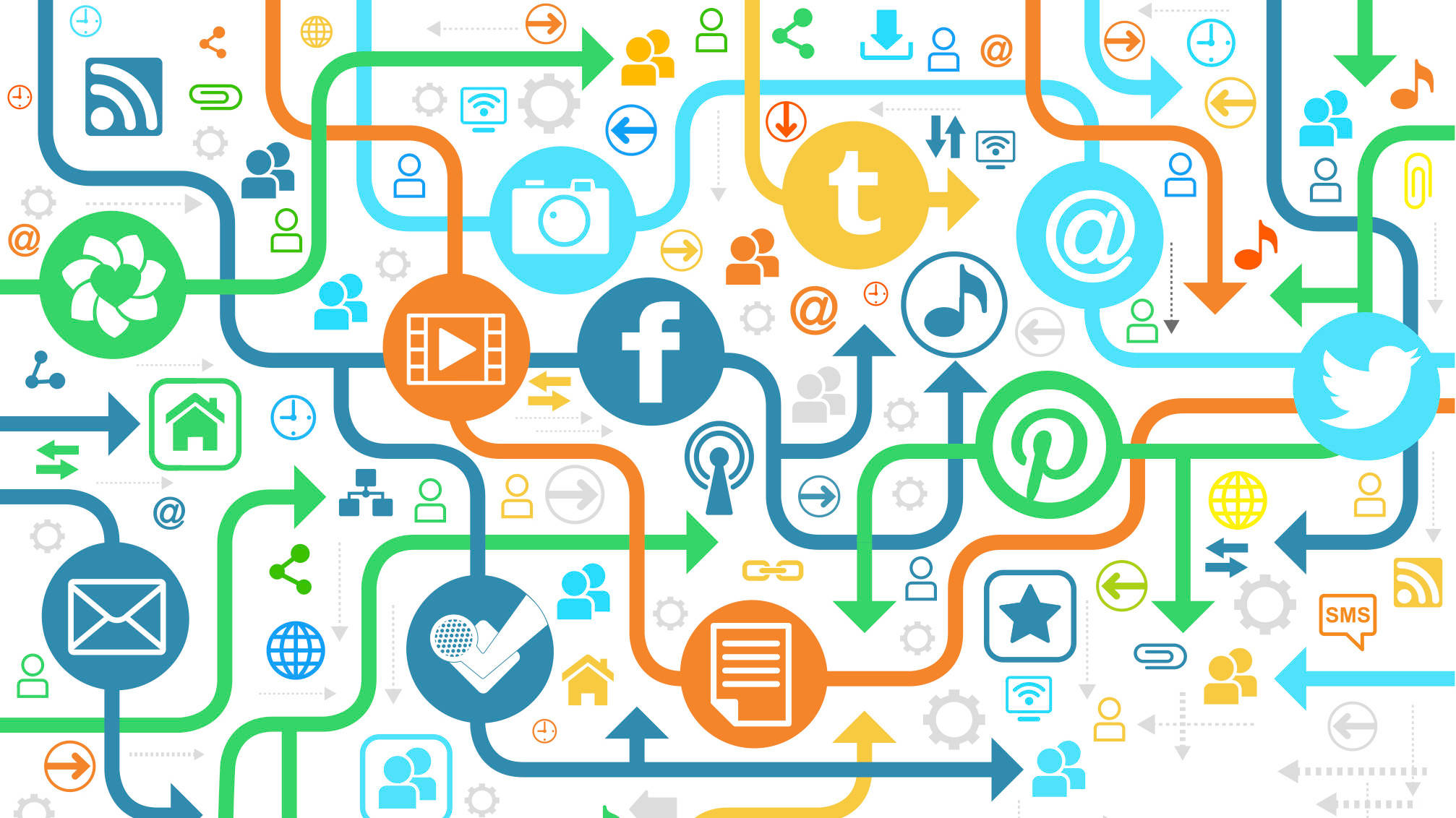 social media icons, data streams, digital network illustration, Full HD Desktop Wallpaper