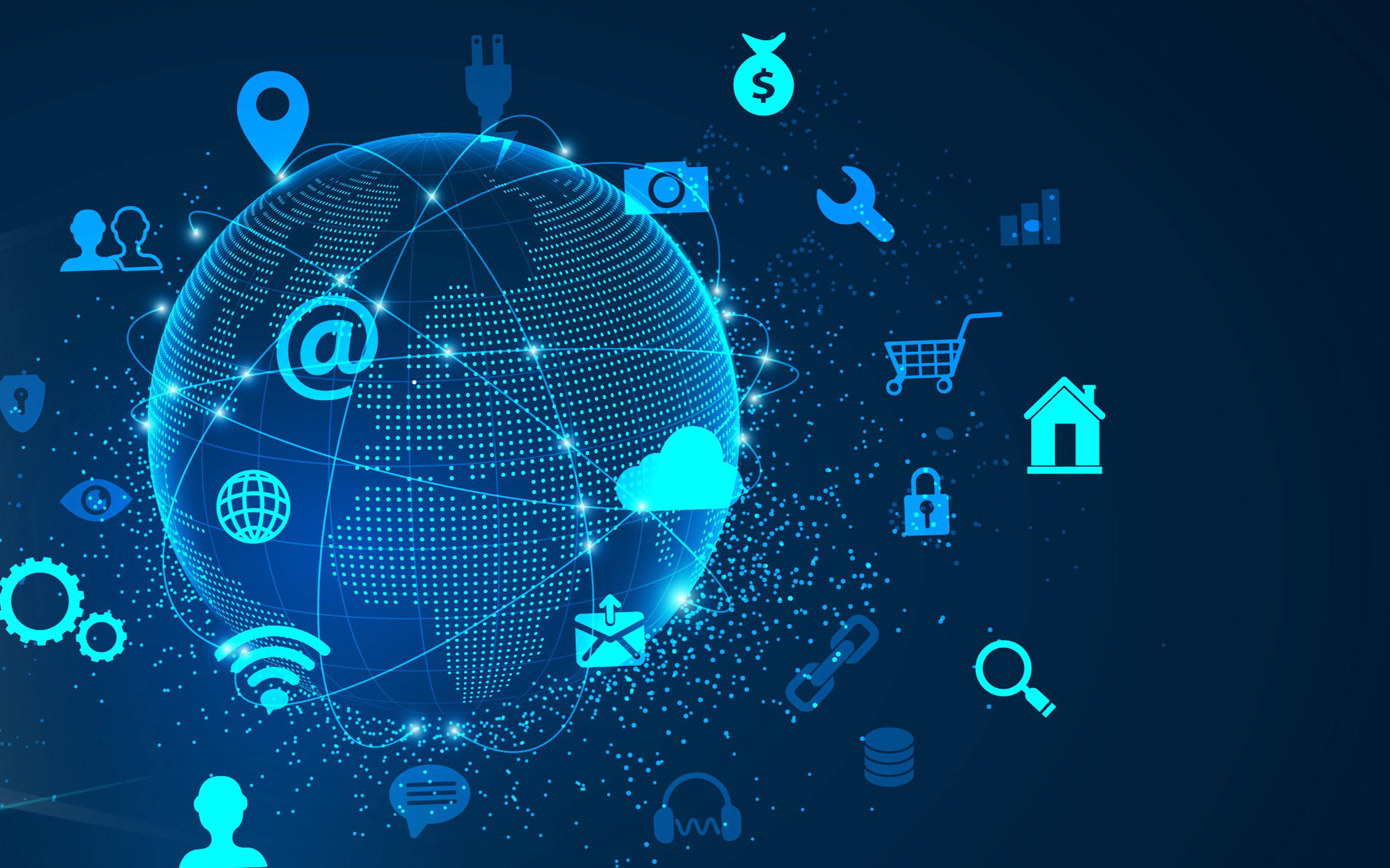 blue earth, glowing blue digital globe, floating tech icons, 2K Desktop Wallpaper