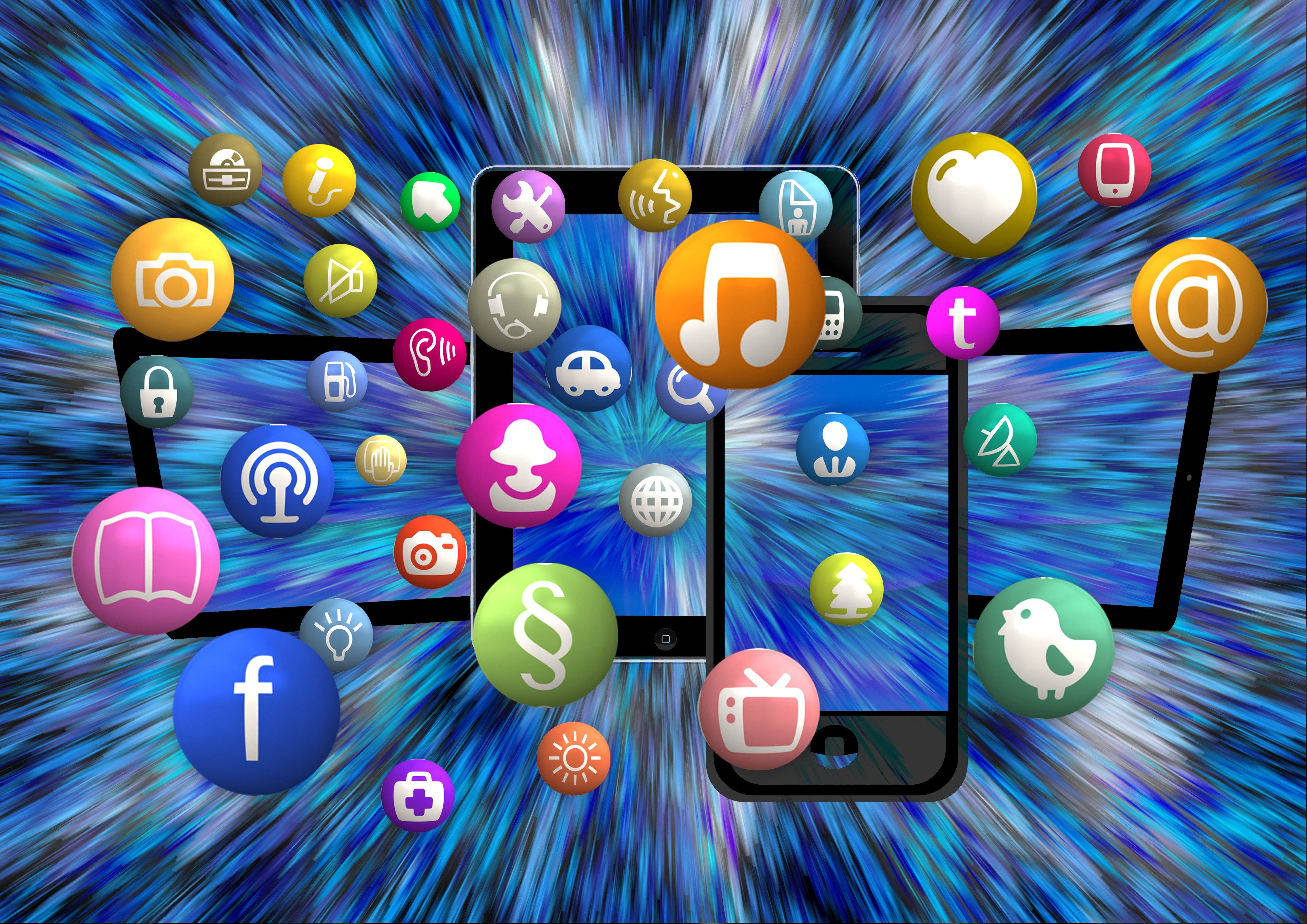 social network structure, digital icons, smartphones, 4K Desktop Wallpaper