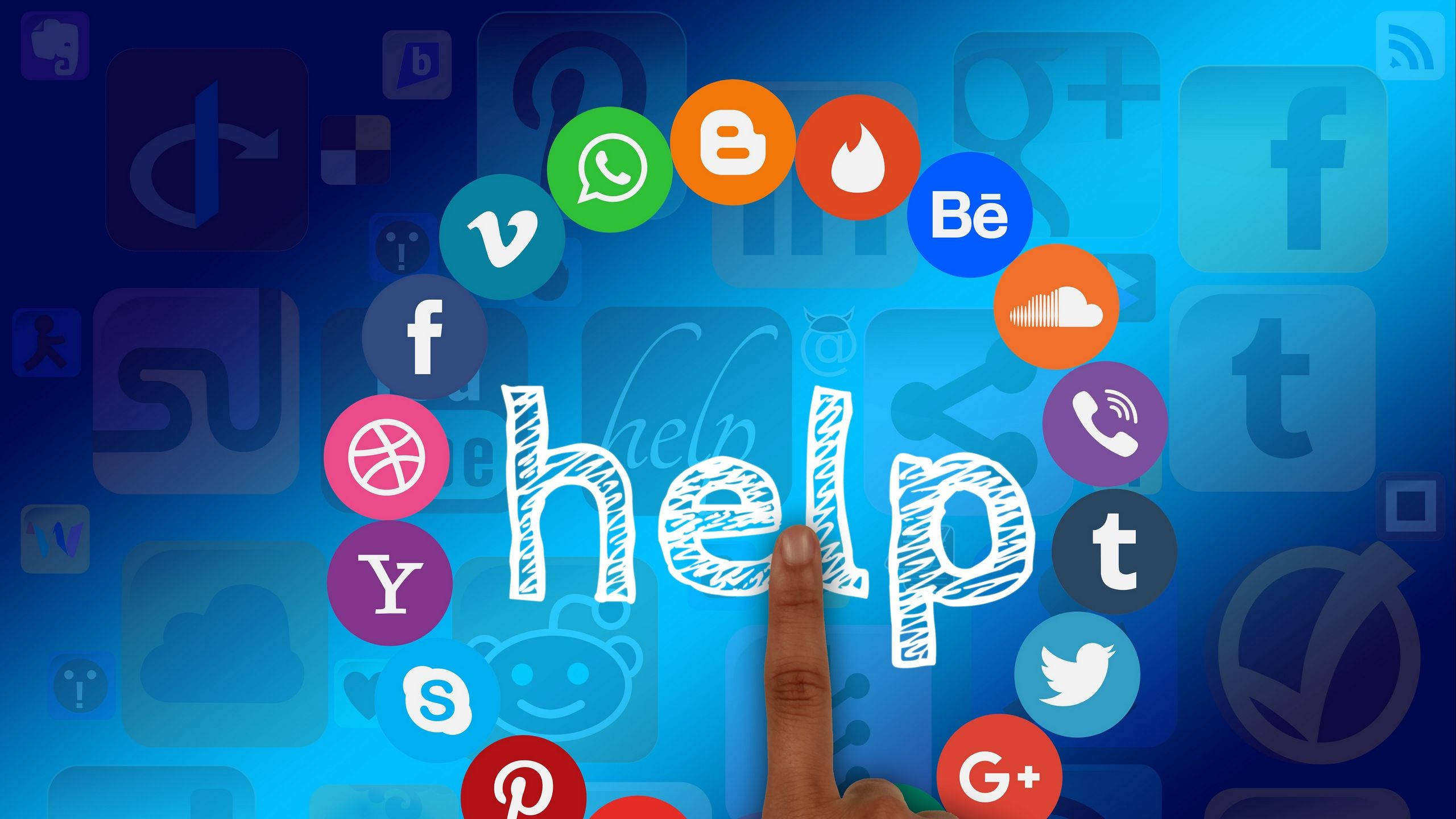 help, glowing, colorful social media app icons, 2K Desktop Wallpaper