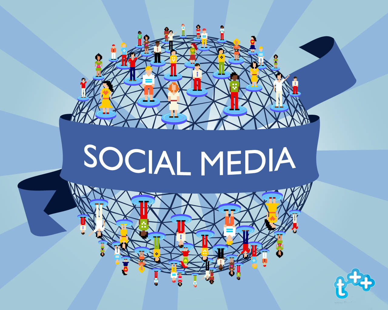 social media network power logo, colorful pixelated people, blue ribbon, HD Desktop Wallpaper