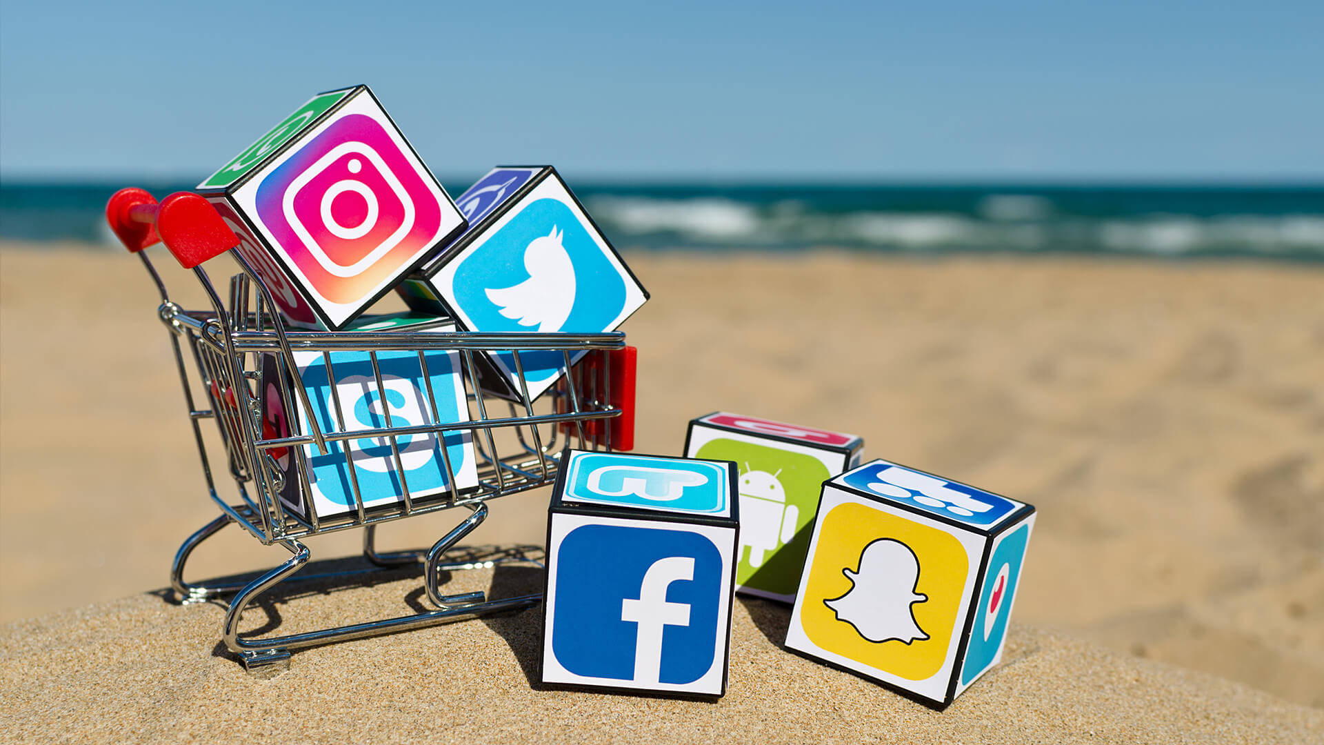 Social Network, colorful cubes, miniature shopping cart, Full HD Desktop Wallpaper