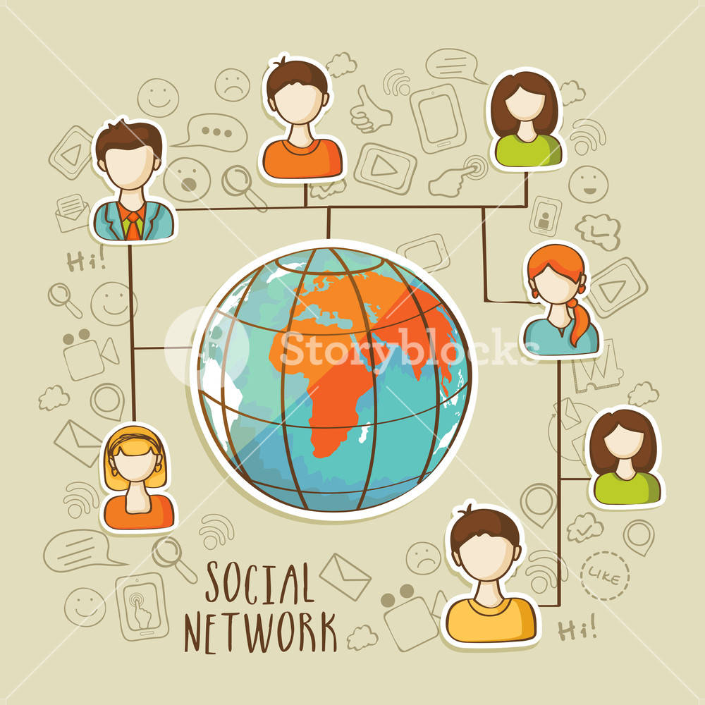 Social Network, cartoon people, globe, SD Desktop Wallpaper