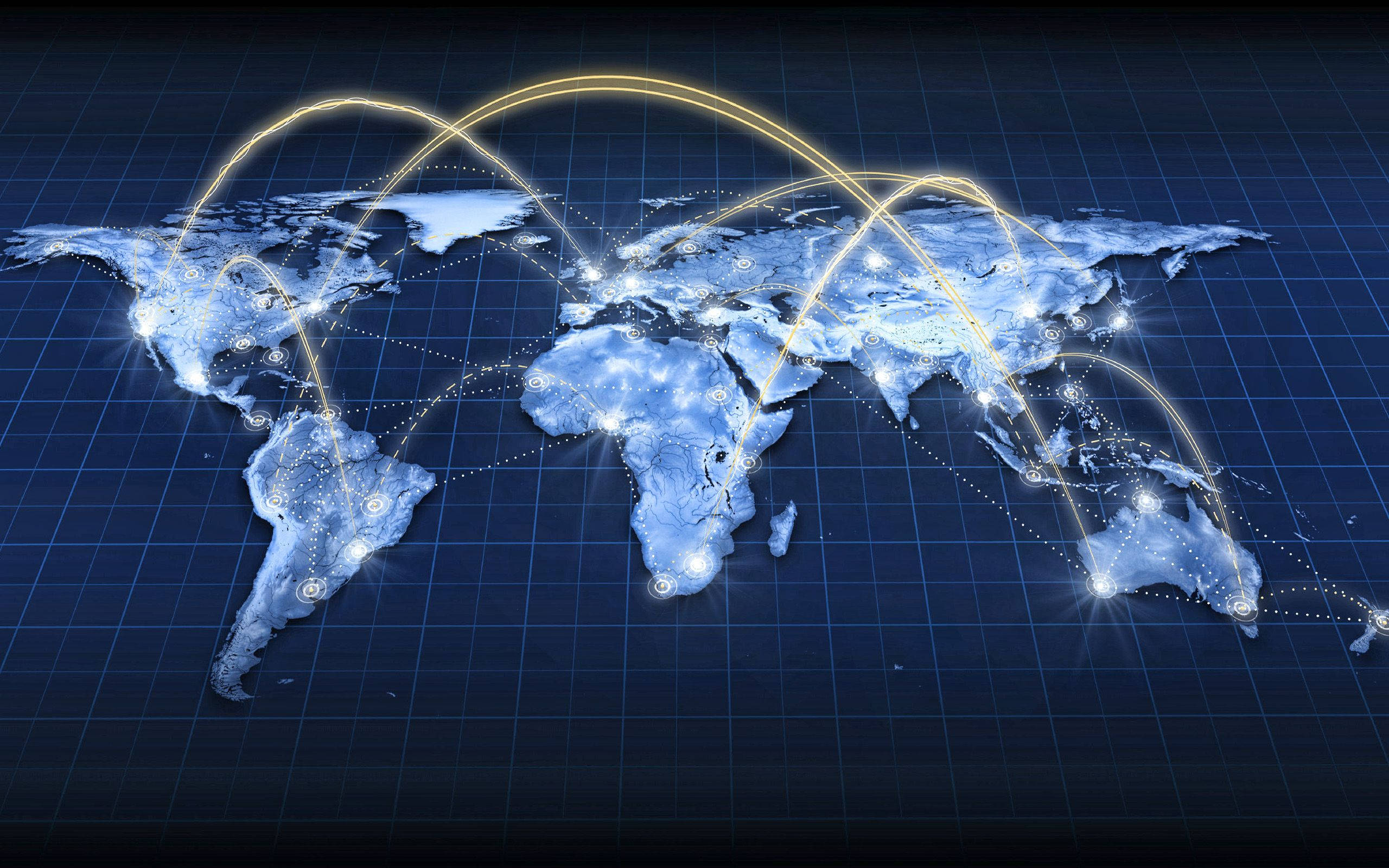 glowing blue world map, golden data streams, bright city lights, 2K Desktop Wallpaper
