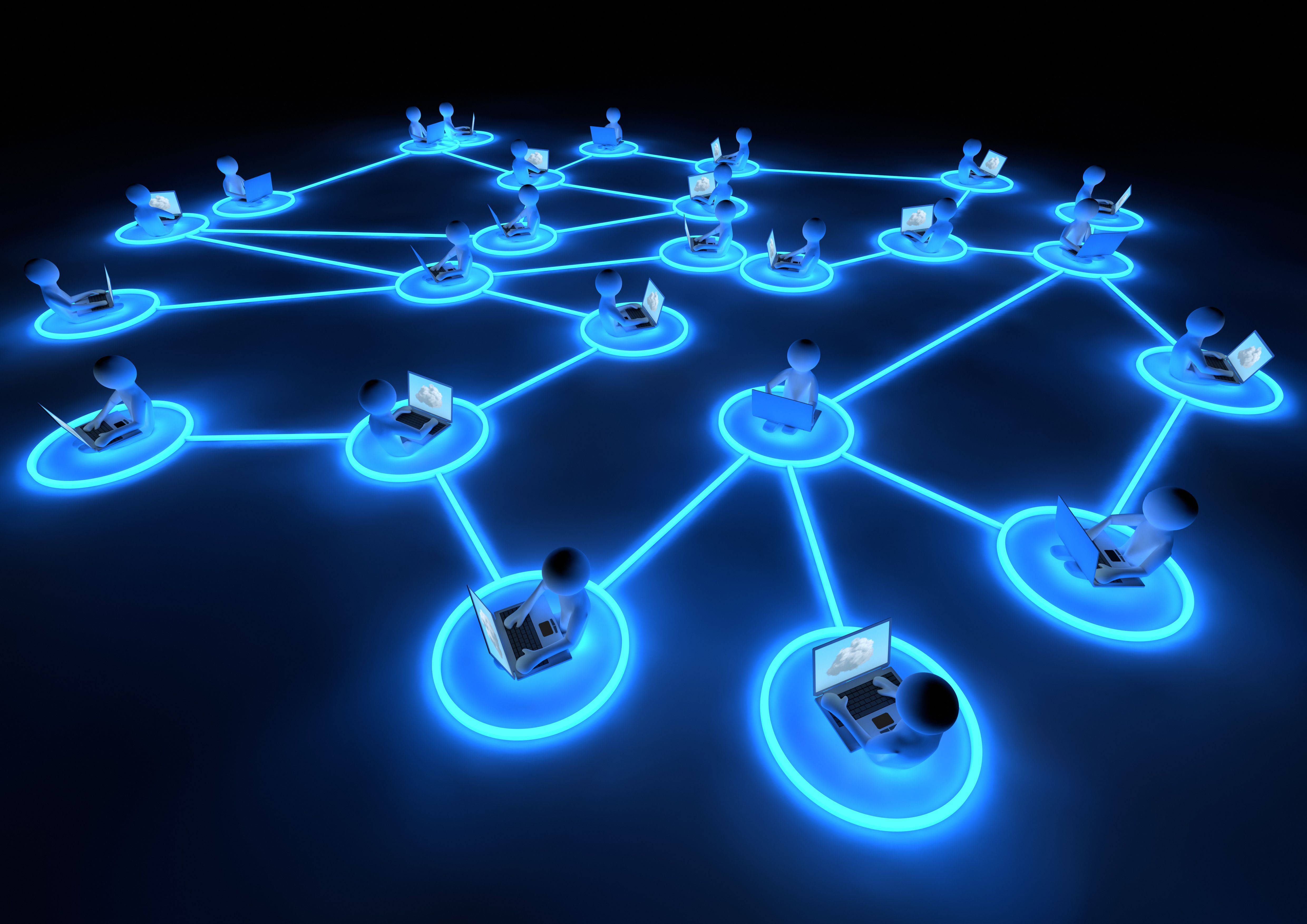 glowing blue digital network, stylized figures, laptops, 4K Desktop Wallpaper