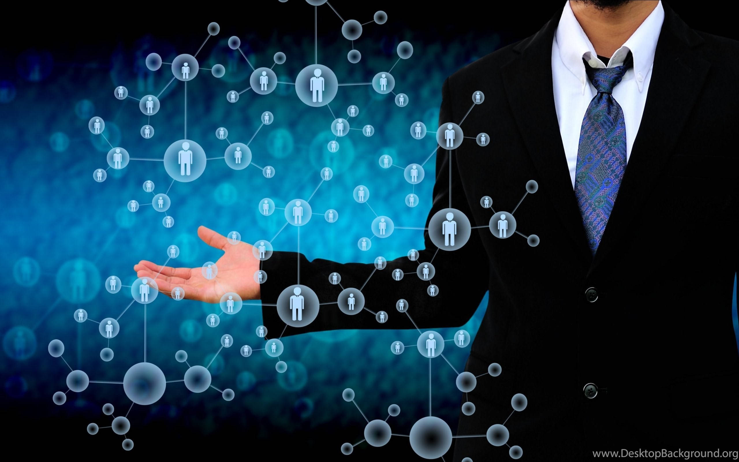 businessman in a suit, glowing digital network, interconnected human icons, 2K Desktop Wallpaper