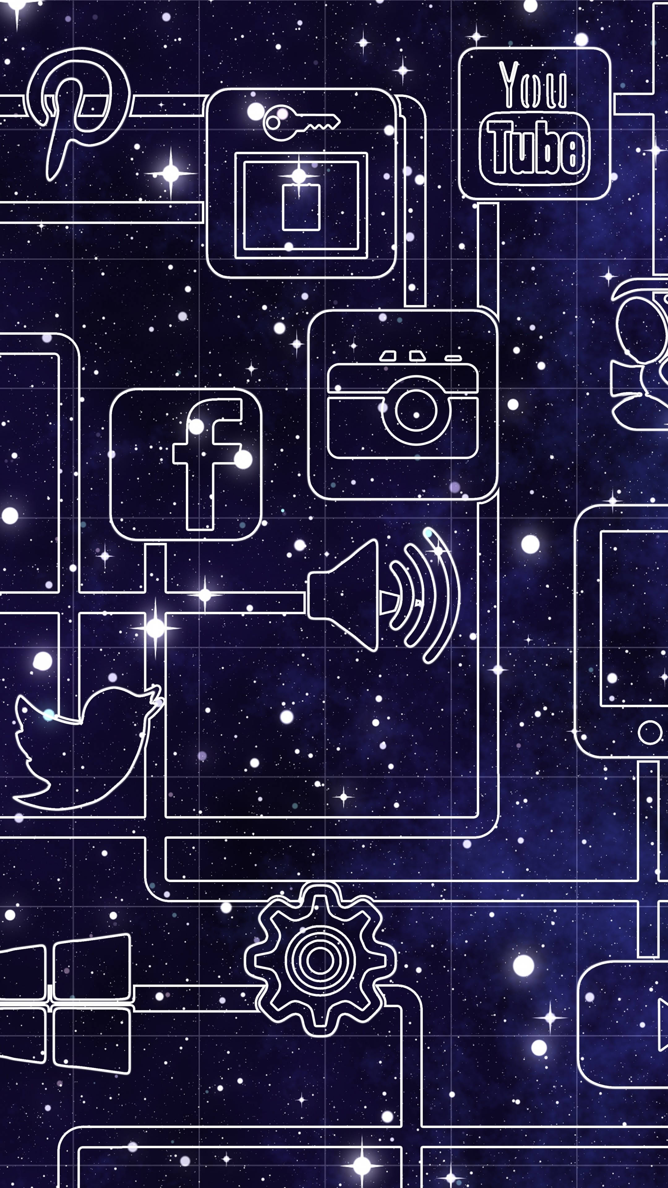 social network, media cosmos logos, starry deep blue cosmic background, 4K Phone Wallpaper