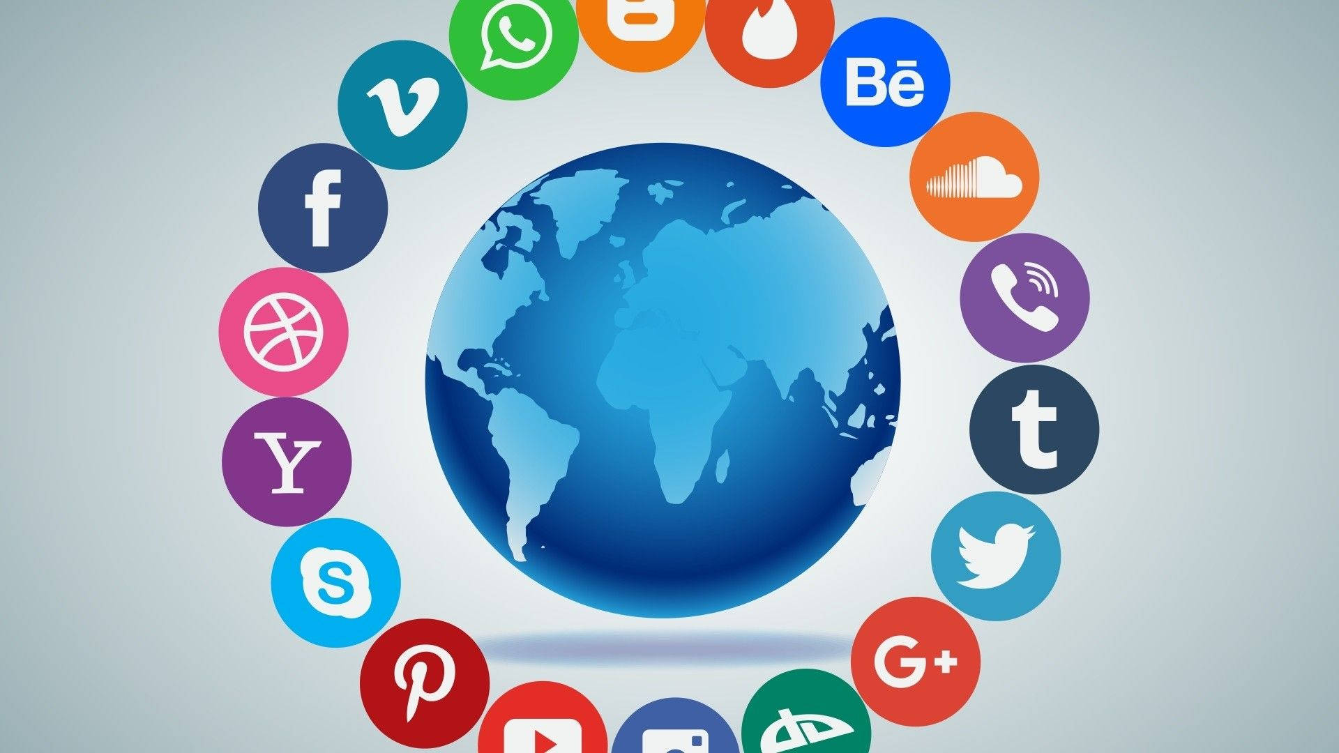 blue globe, colorful social media app icons, circle, Full HD Desktop Wallpaper