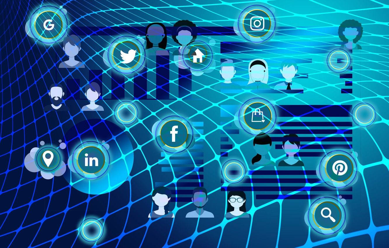 Social Network, glowing social media icons, user avatars, HD Desktop Wallpaper