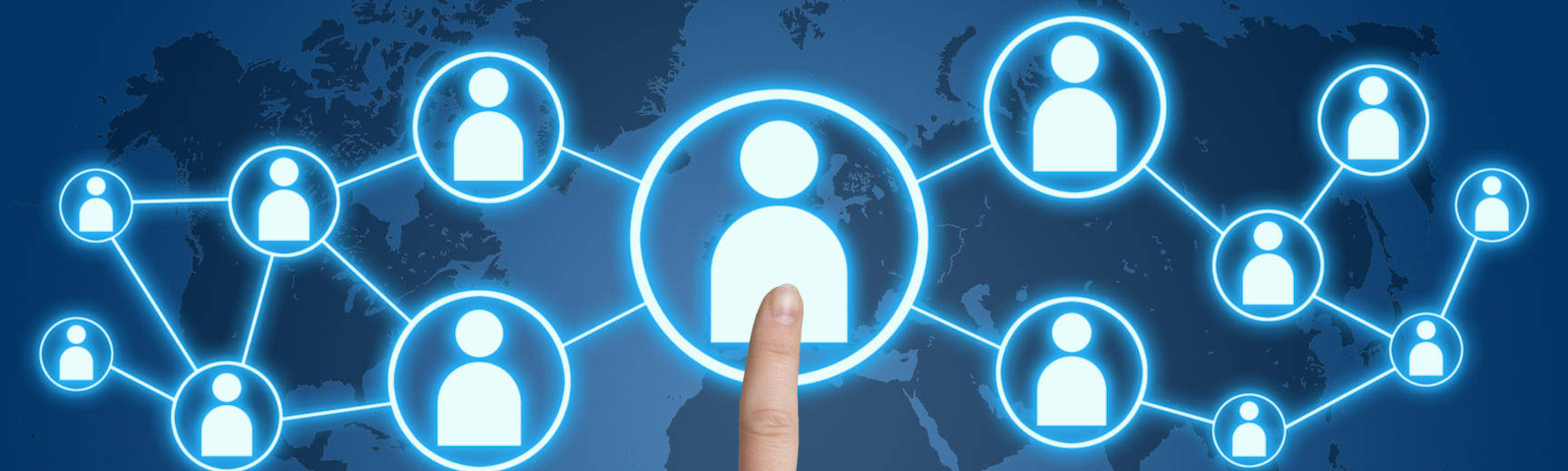 glowing blue network, connected user icons, world map background, HD Desktop Wallpaper