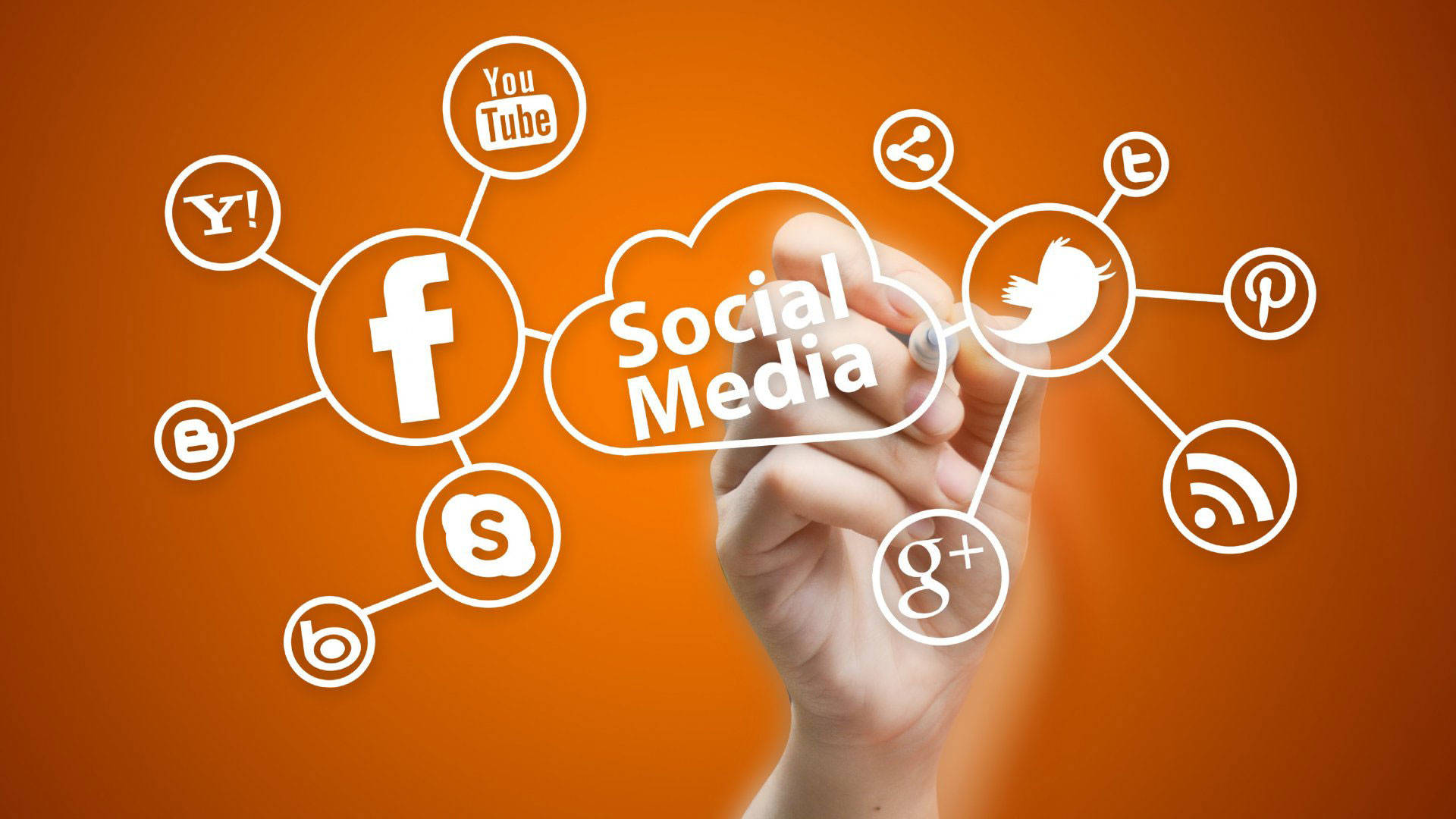 Social Media Cloud, glowing social media network diagram, icons, Full HD Desktop Wallpaper