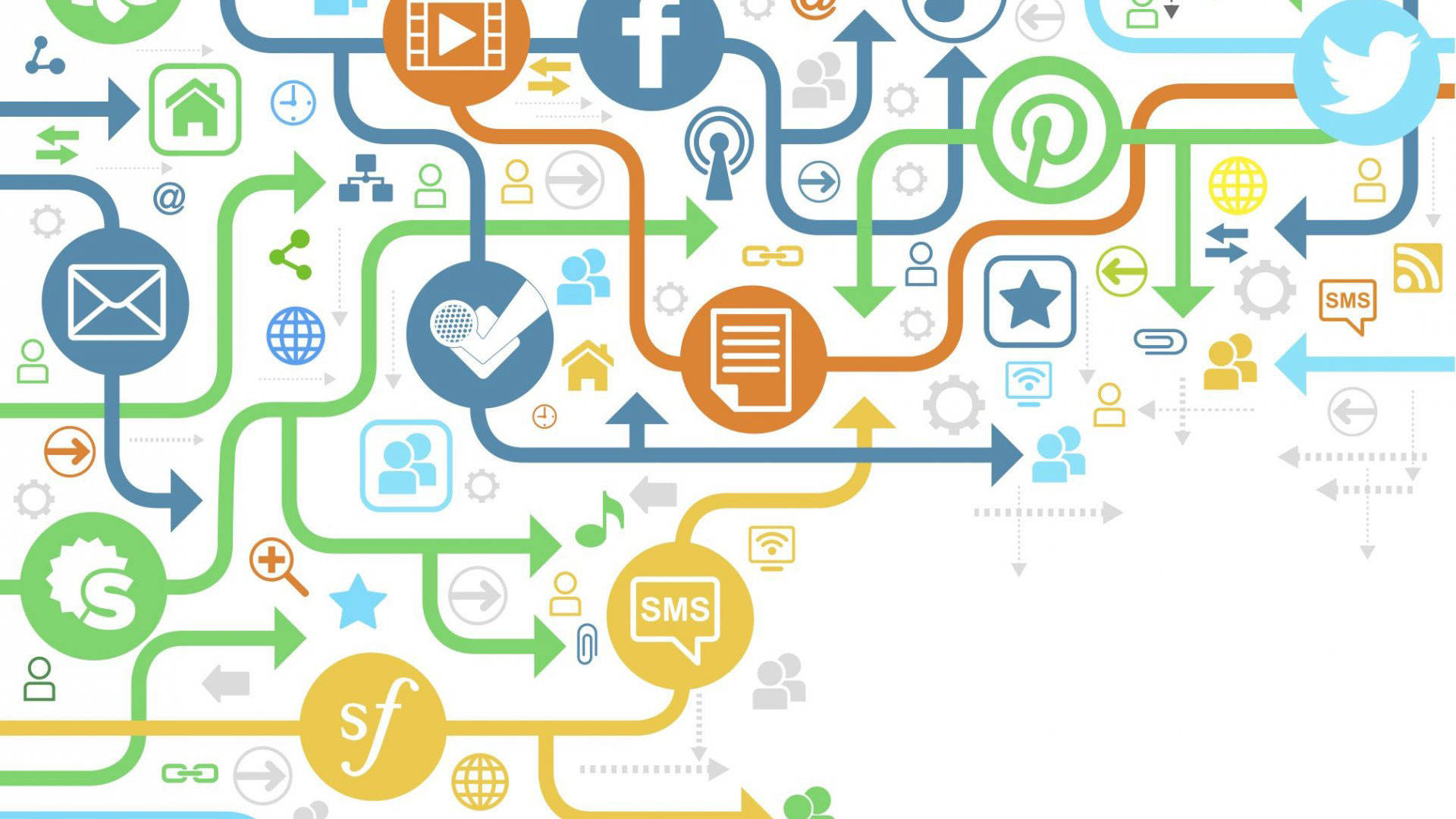 social media connectivity, colorful digital icons, flowing arrows, Full HD Desktop Wallpaper