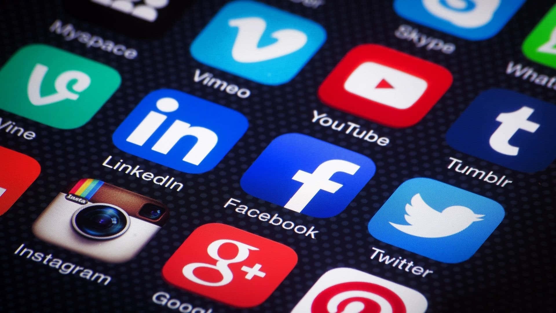 social media app icons, smartphone screen, dark textured background, Full HD Desktop Wallpaper