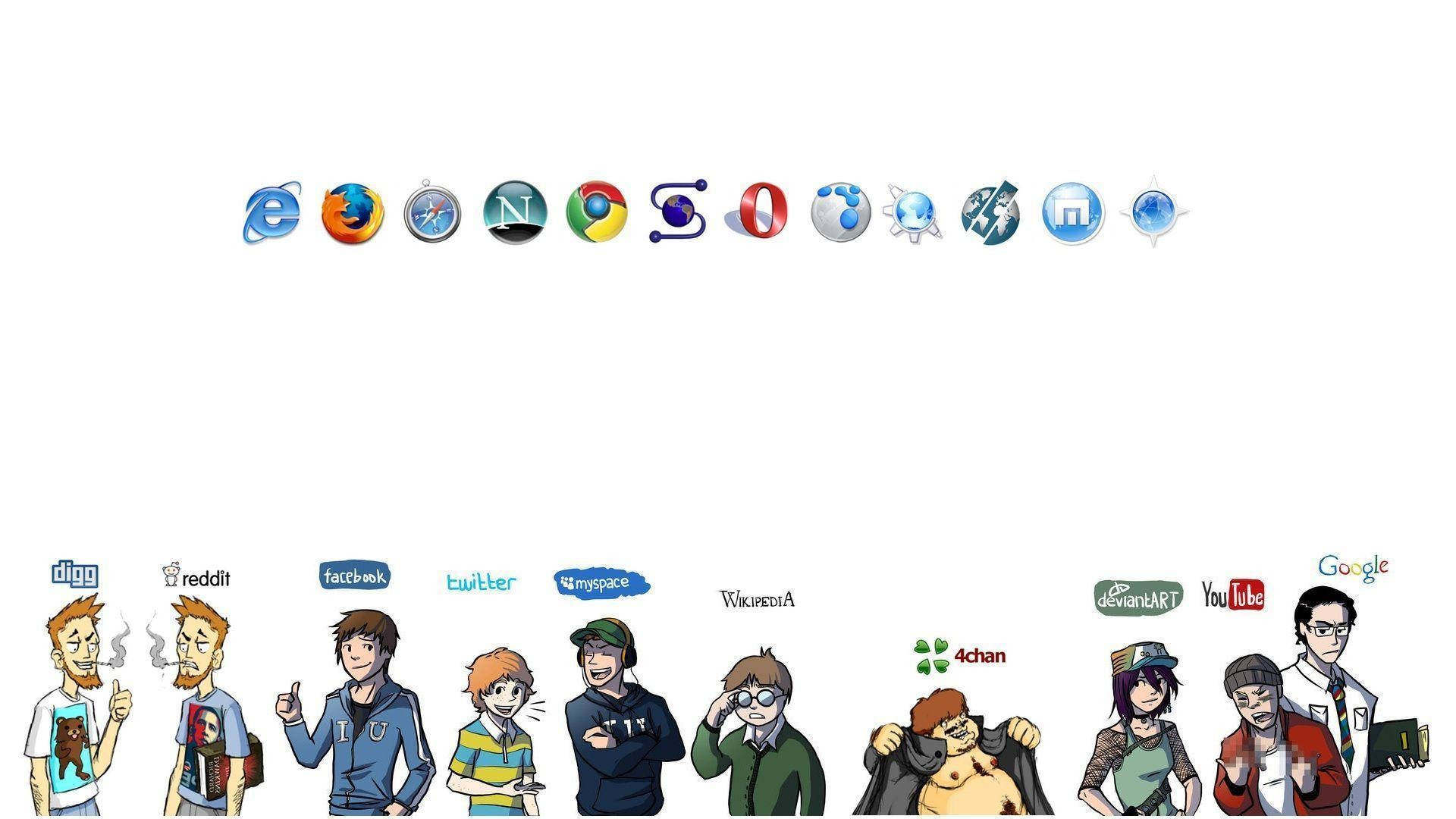 Social Media Human Counterpart, early internet platforms, browser icons, Full HD Desktop Wallpaper