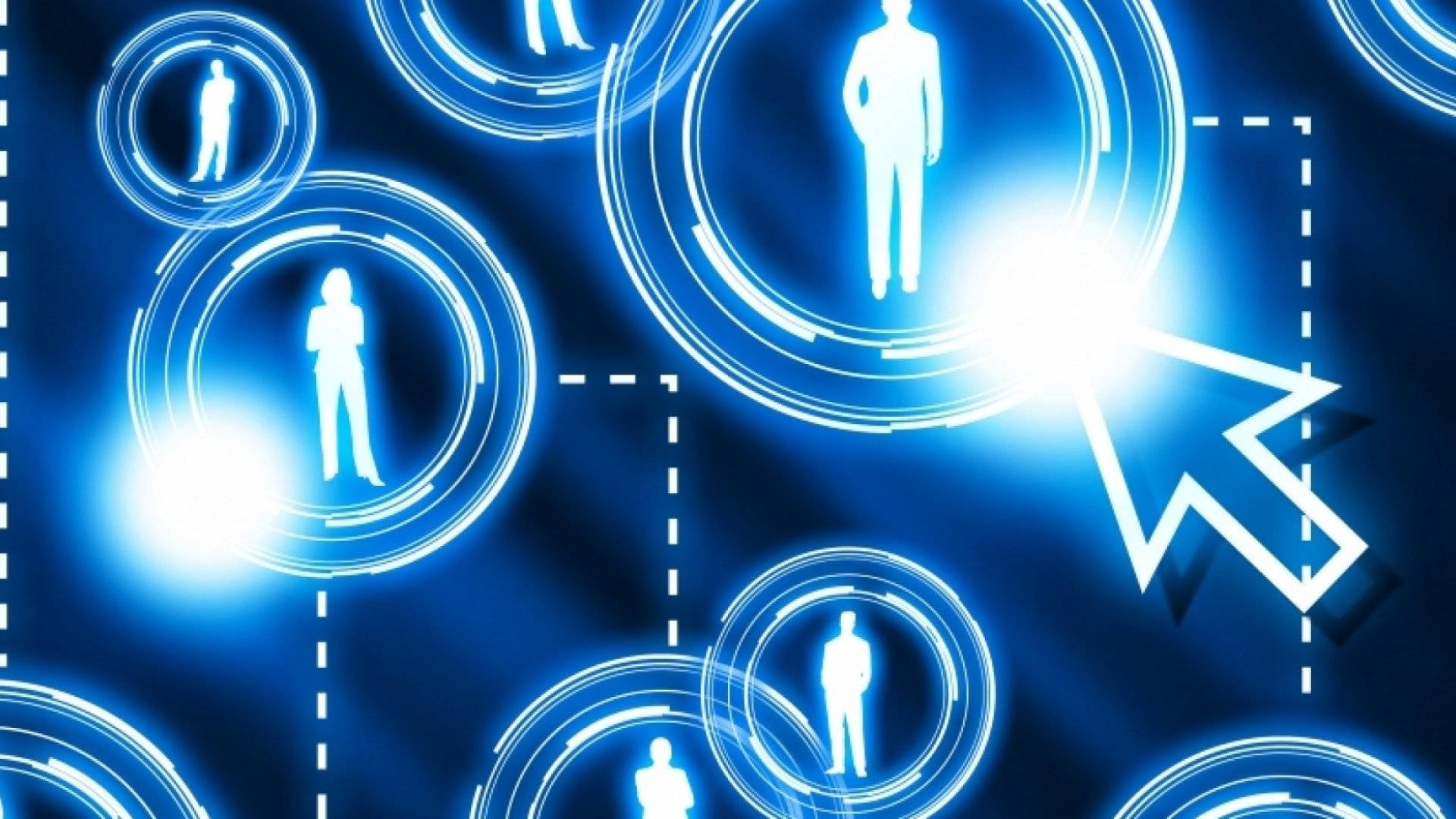 Glowing blue digital interface, human silhouettes, circular nodes, Full HD Desktop Wallpaper