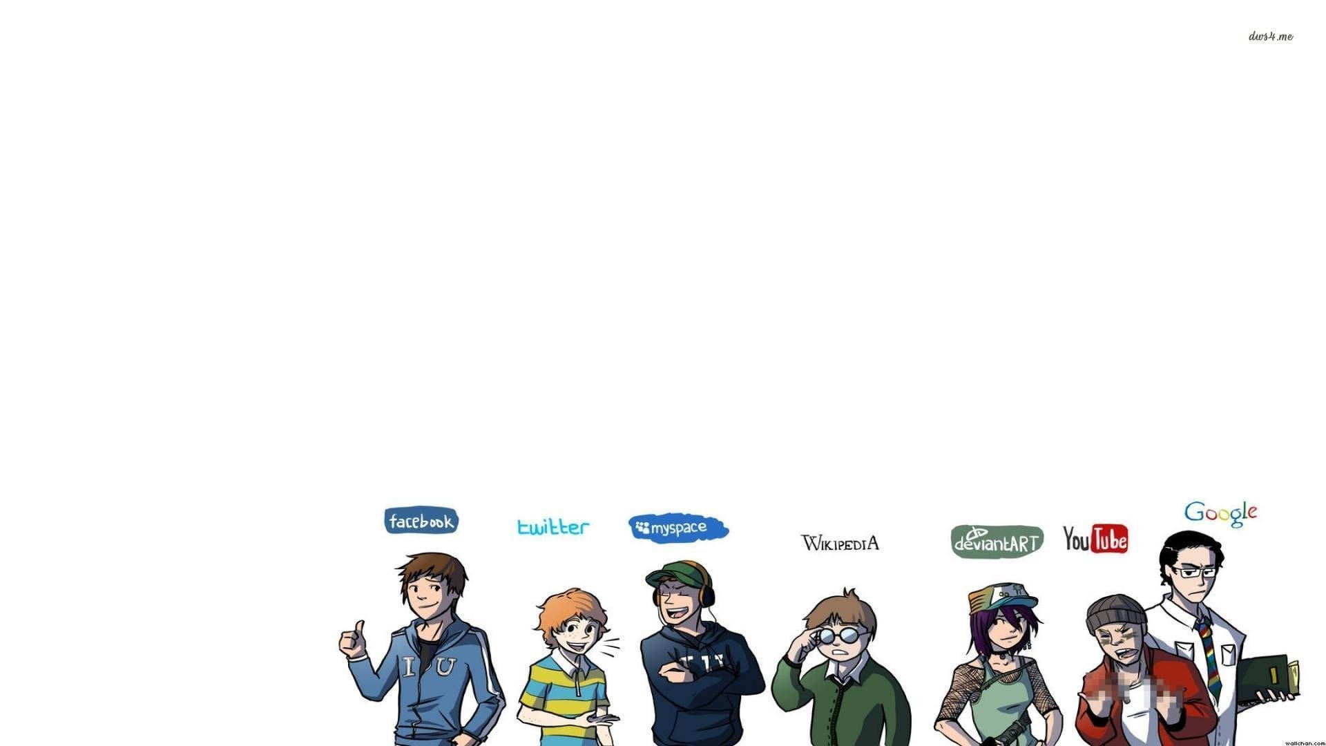Social Media Personifications, cartoon characters, early internet platforms, Full HD Desktop Wallpaper