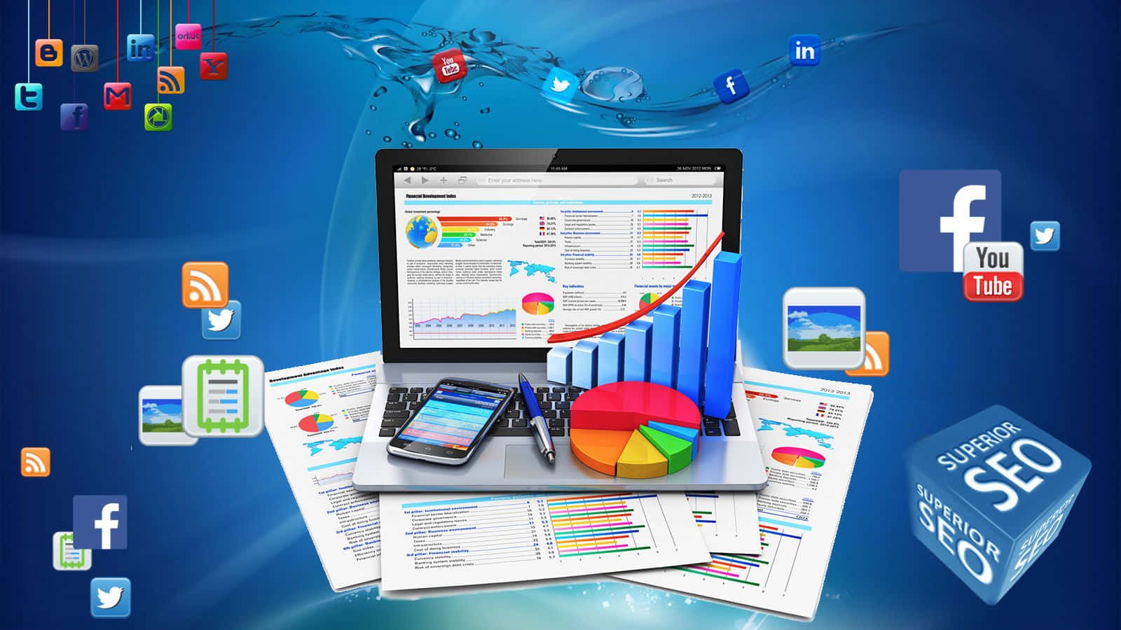 laptop, social media icons, business charts, HD Desktop Wallpaper