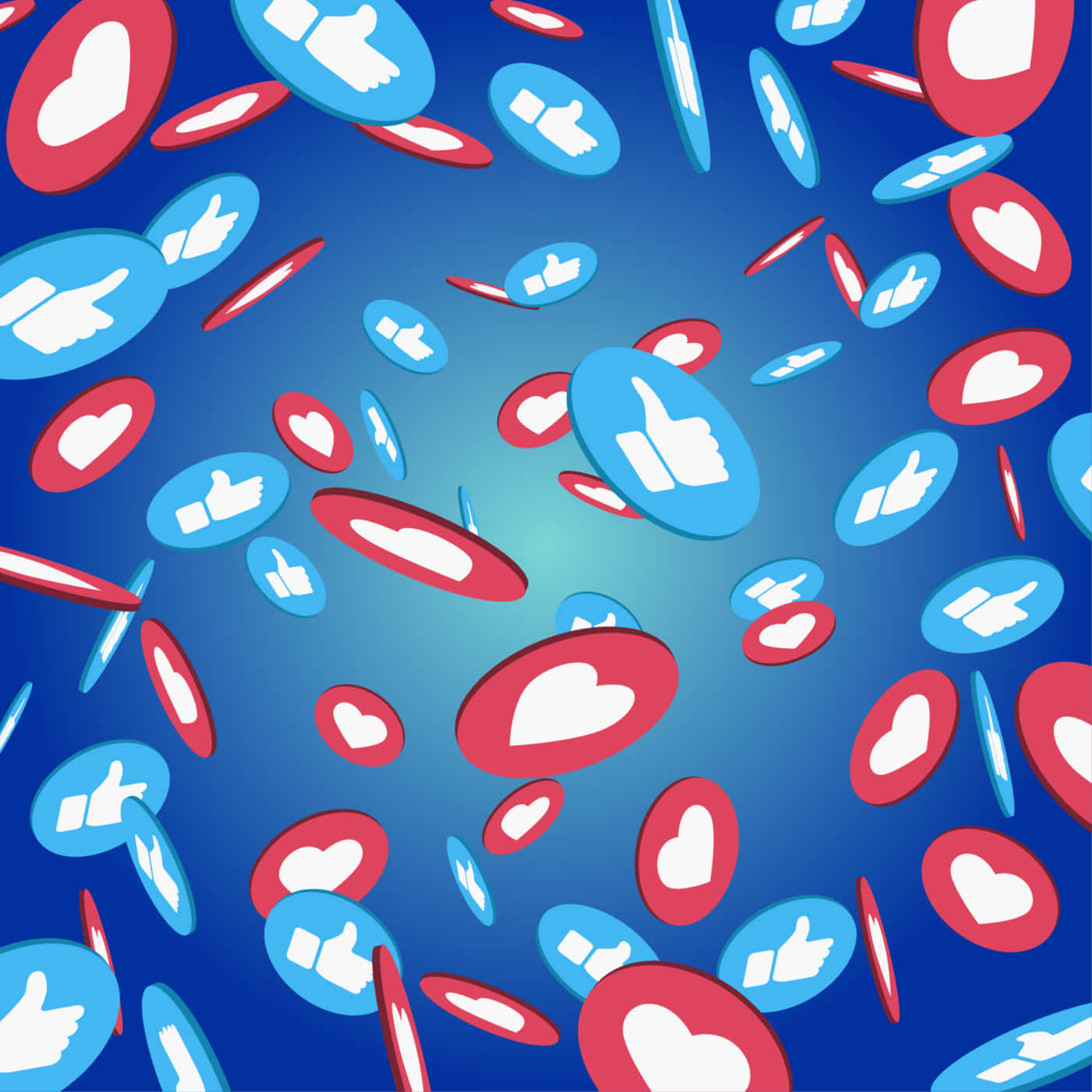 blue thumbs up, red heart icons, gradient blue background, HD Desktop Wallpaper