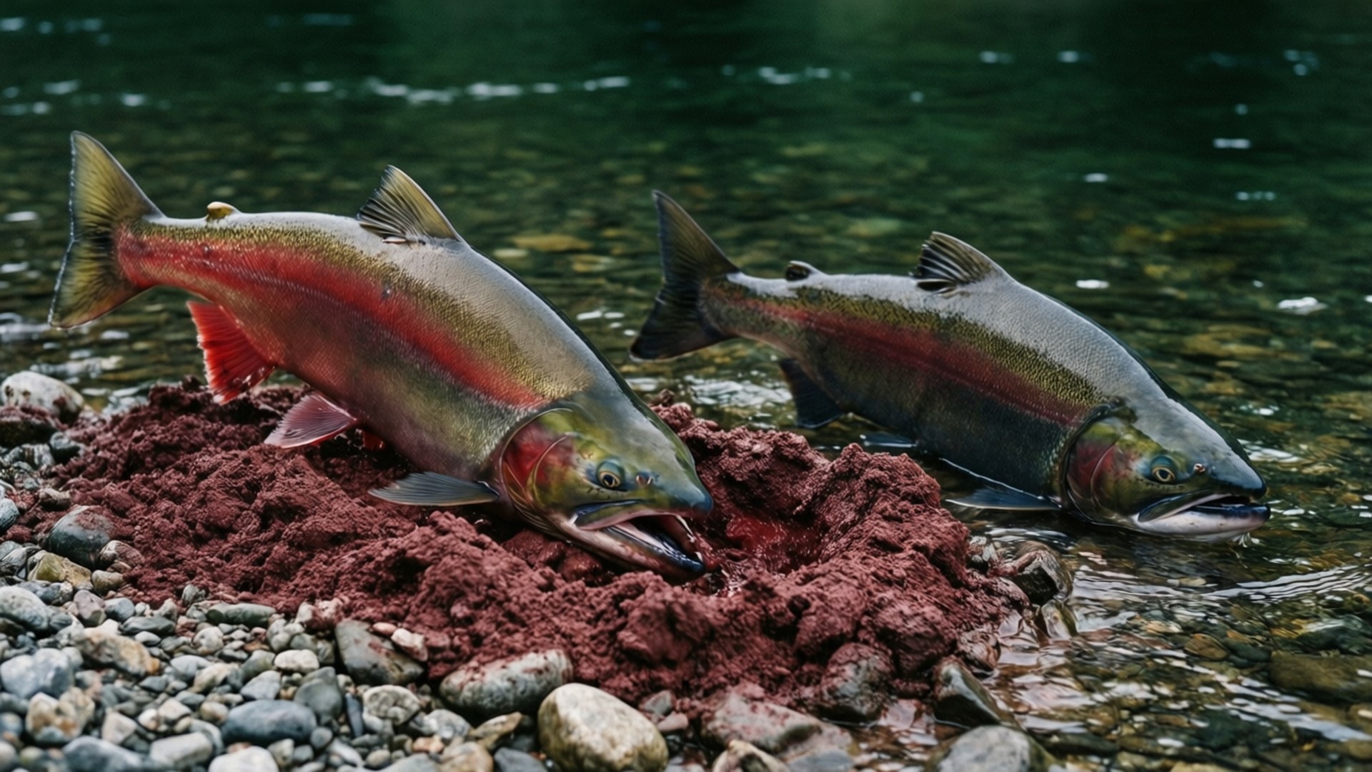Sockeye, spawning ritual, gravel riverbed, Full HD Desktop Wallpaper