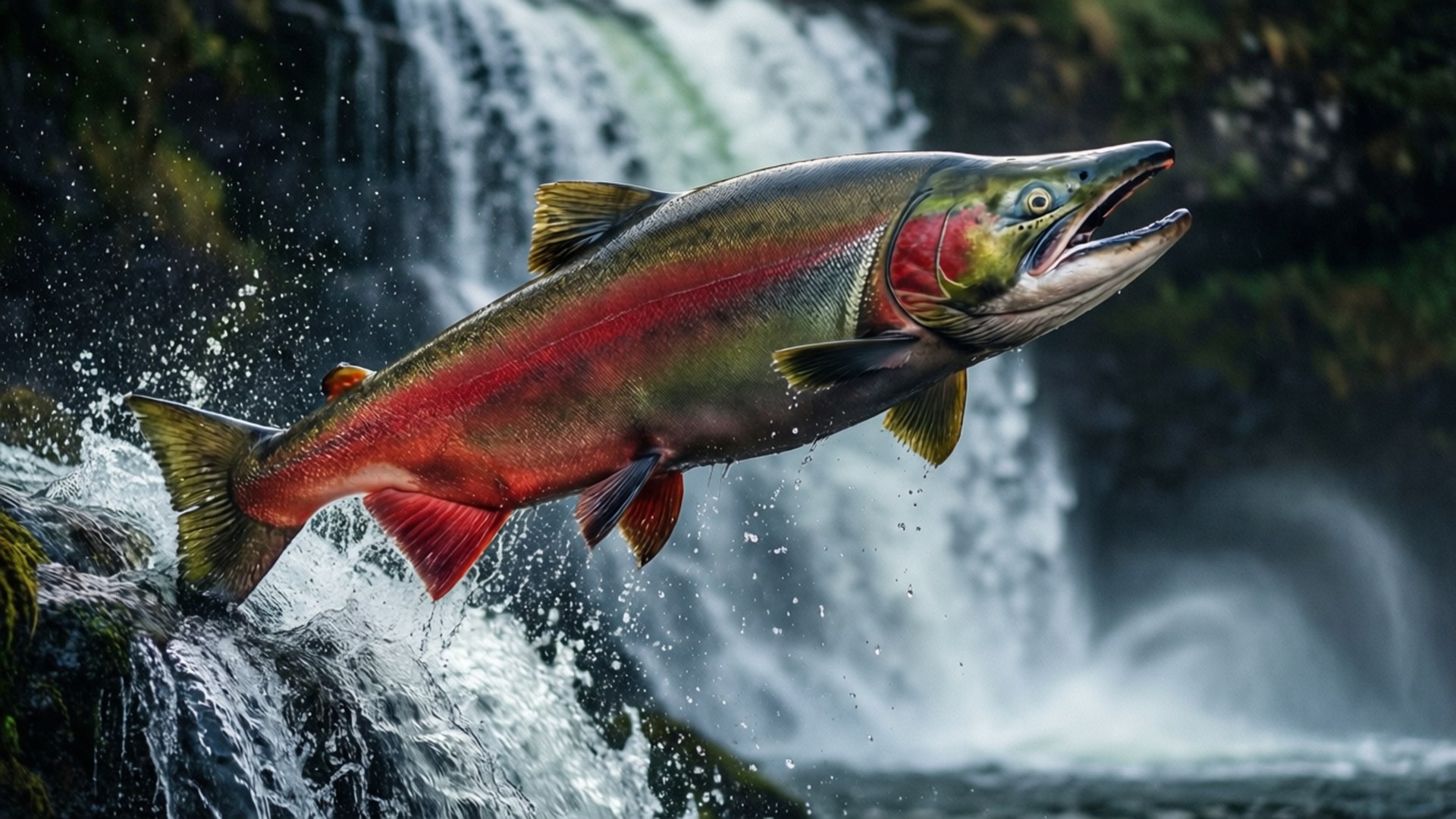 leaping sockeye, sockeye salmon, waterfall, Full HD Desktop Wallpaper