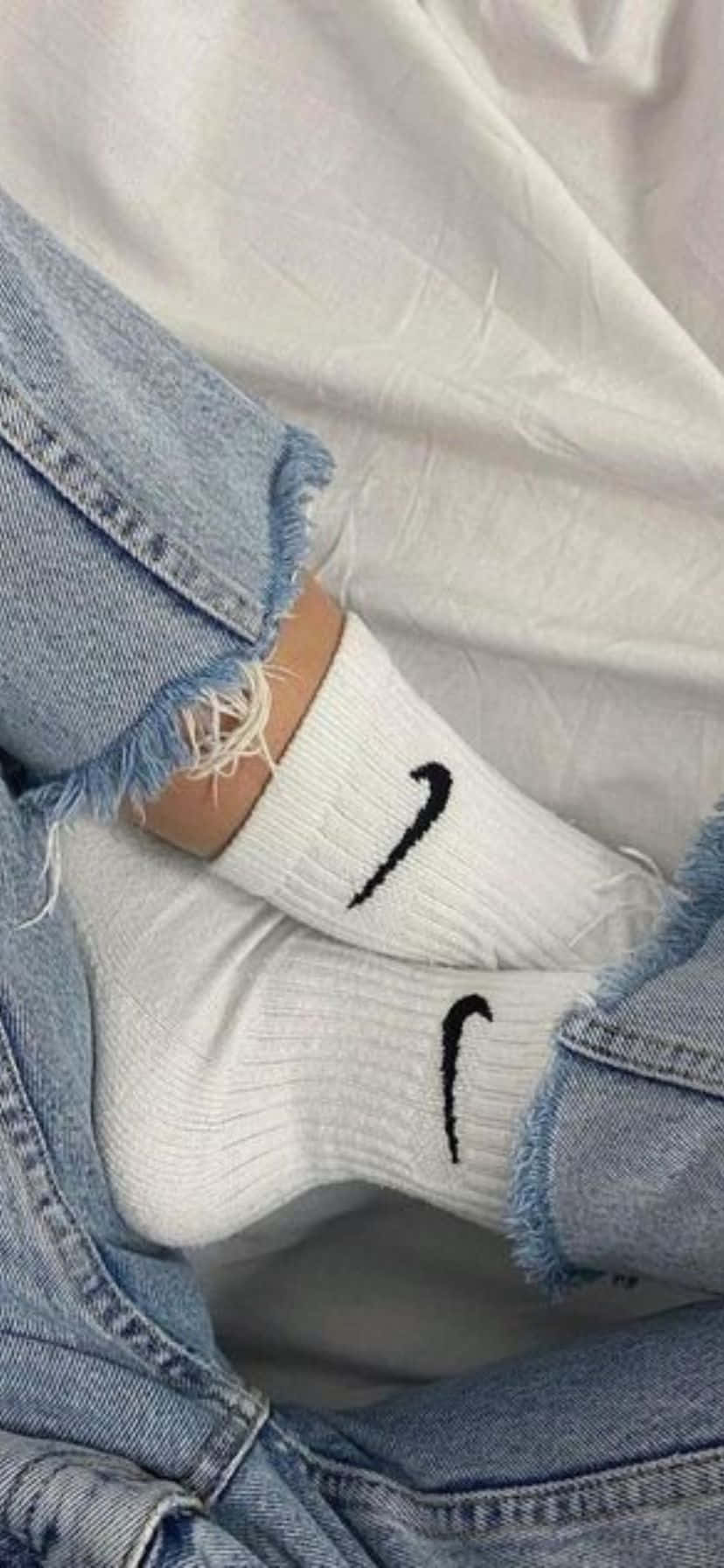 white Nike socks, frayed blue jeans, soft white fabric background, HD Phone Wallpaper