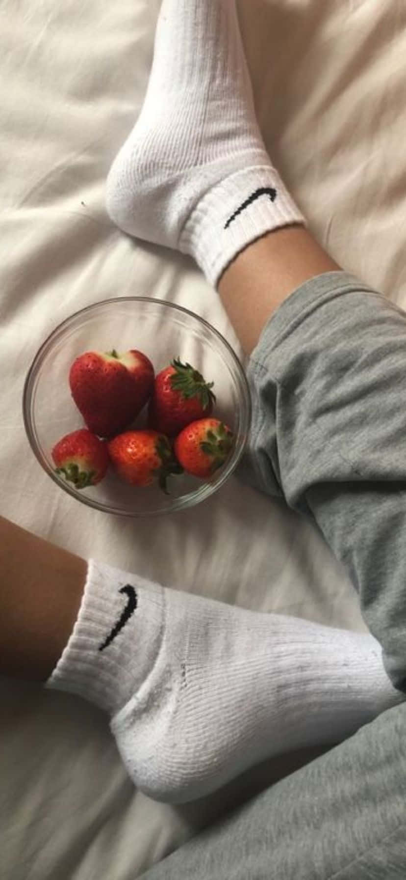 white Nike socks, glass bowl of fresh strawberries, bed, HD Phone Wallpaper