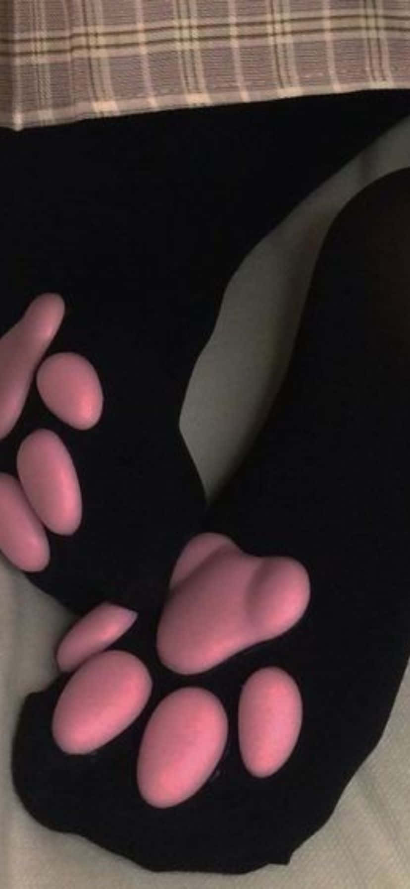 black socks, pink 3D cat paw prints, plaid blanket, HD Phone Wallpaper