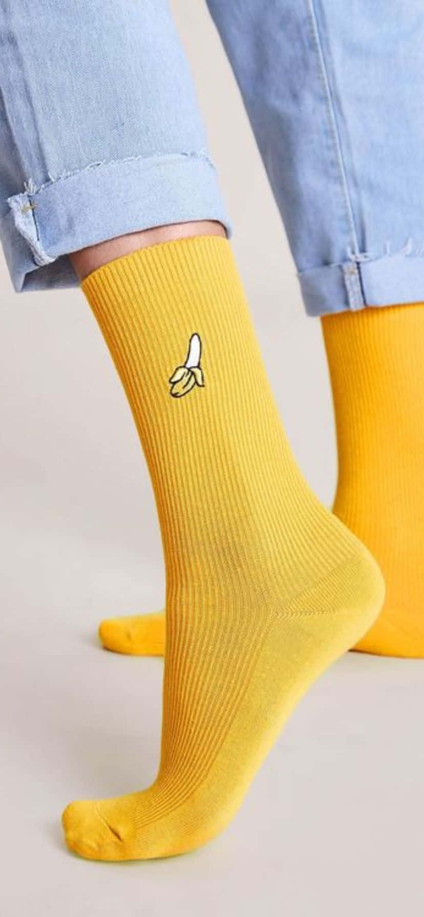 yellow banana, embroidered socks, cuffed blue jeans, HD Phone Wallpaper