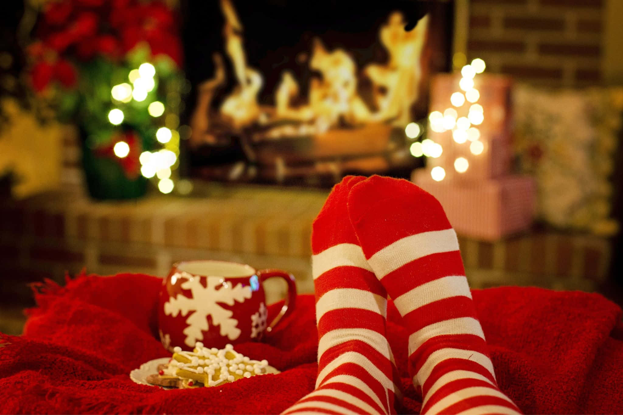 Cozy Christmas Socks, fireplace, red striped socks, Full HD Desktop Wallpaper