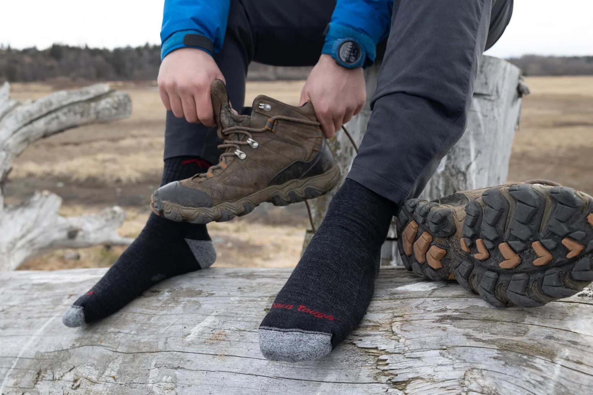 hiker, rugged brown hiking boots, weathered log, Full HD Desktop Wallpaper