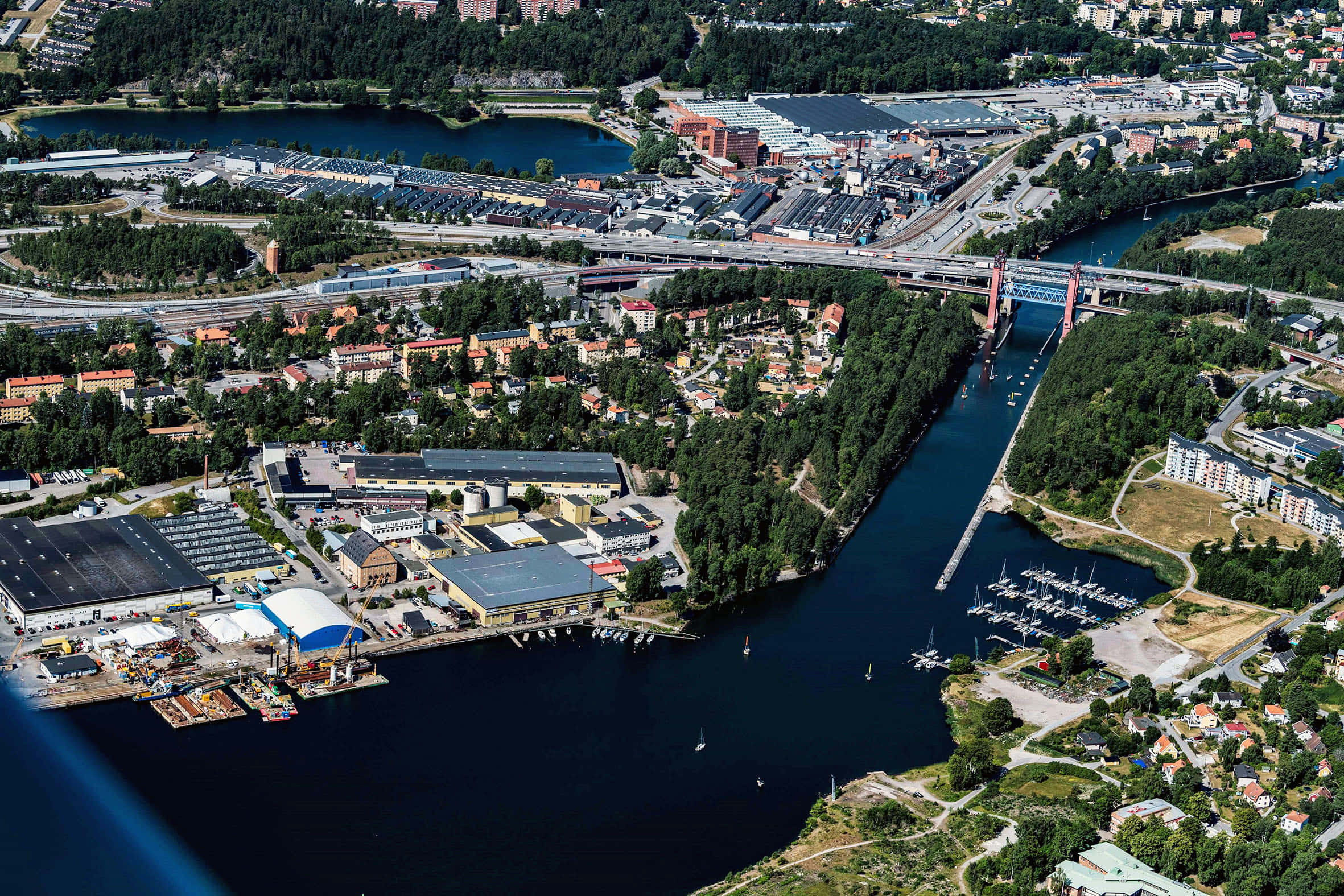 Södertälje, aerial view, urban waterfront, Full HD Desktop Wallpaper