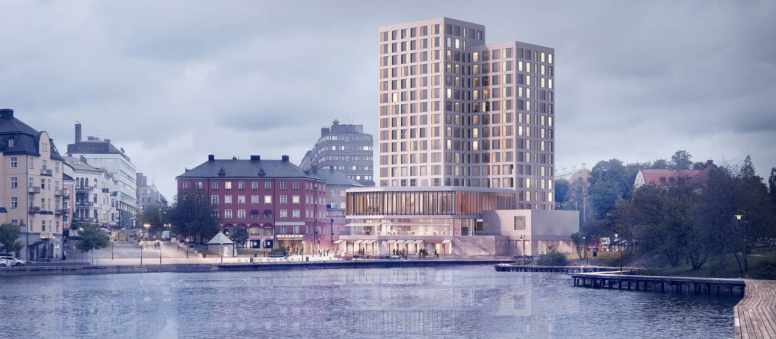 Södertälje, waterfront, modern glass tower, 2K Desktop Wallpaper