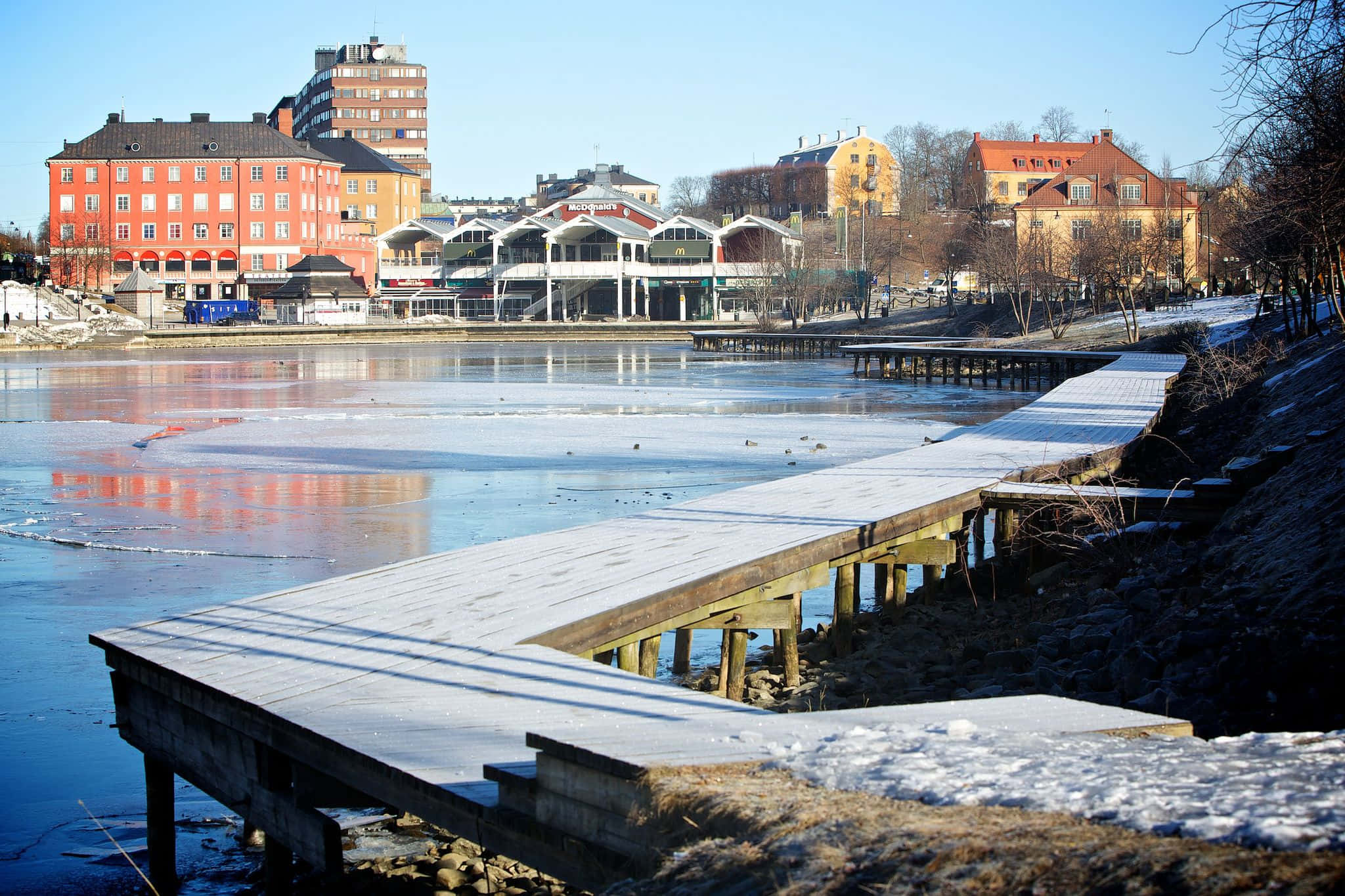 Södertälje, winter landscape, snowy wooden pier, Full HD Desktop Wallpaper