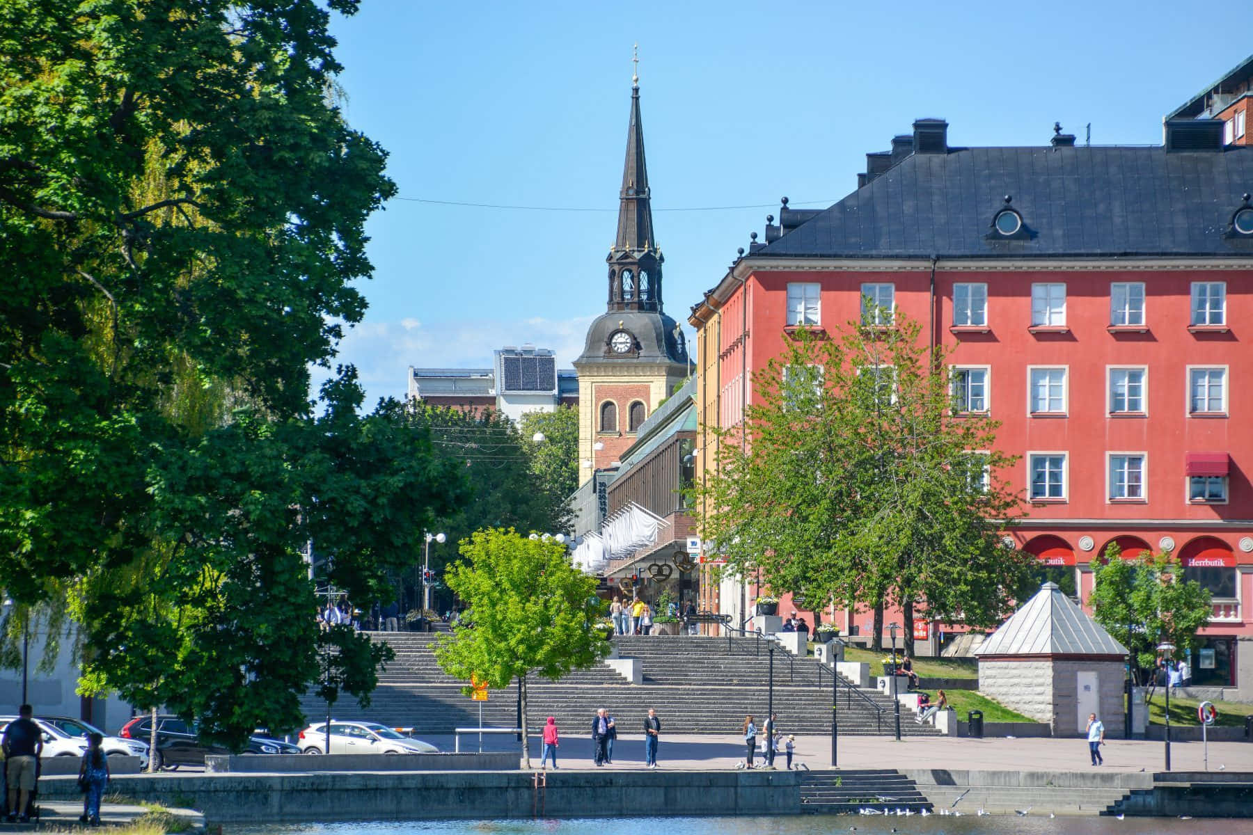 Södertälje, church spire, red building, HD Desktop Wallpaper