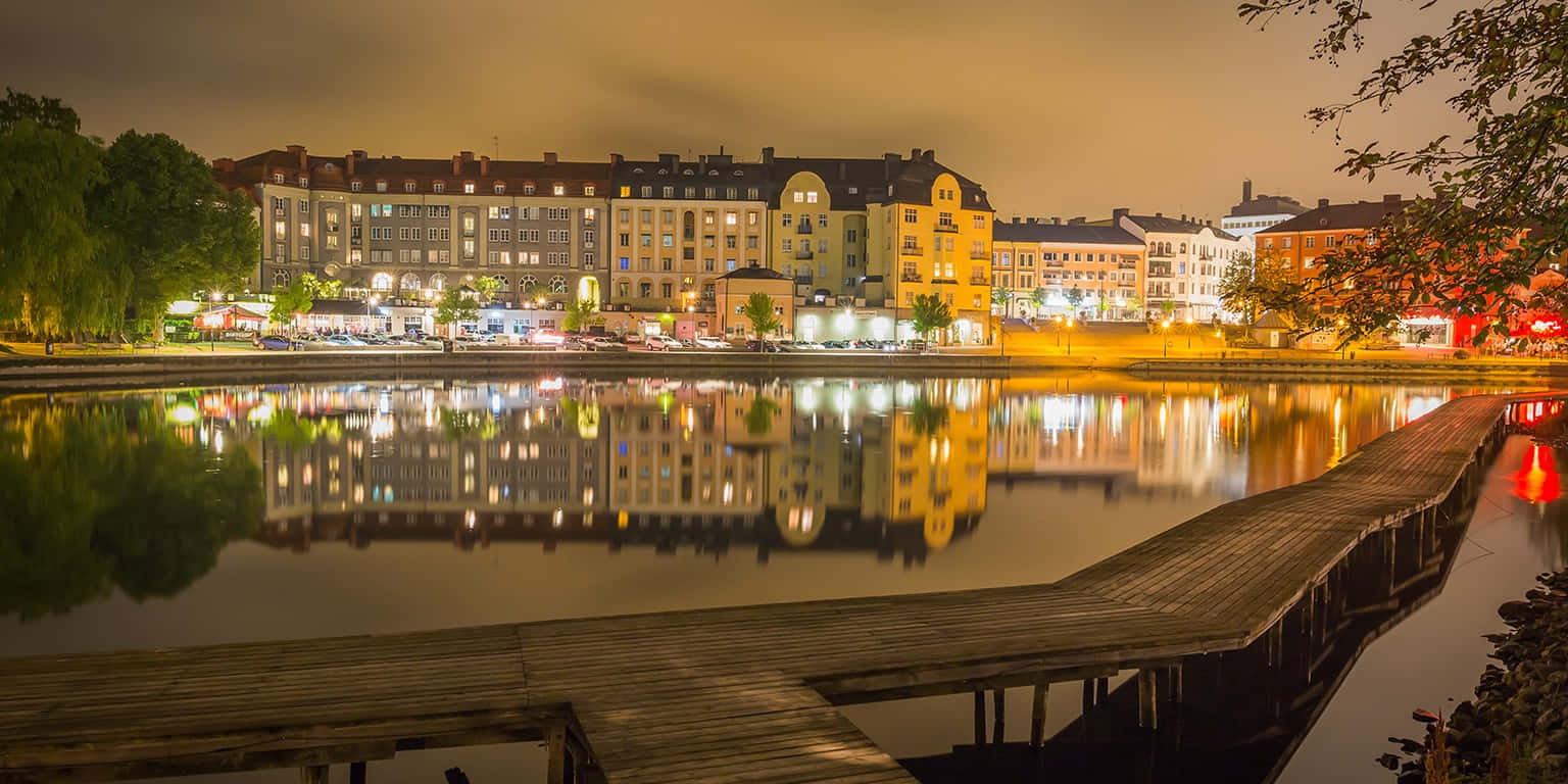 Södertälje, nighttime waterfront, wooden pier, HD Desktop Wallpaper