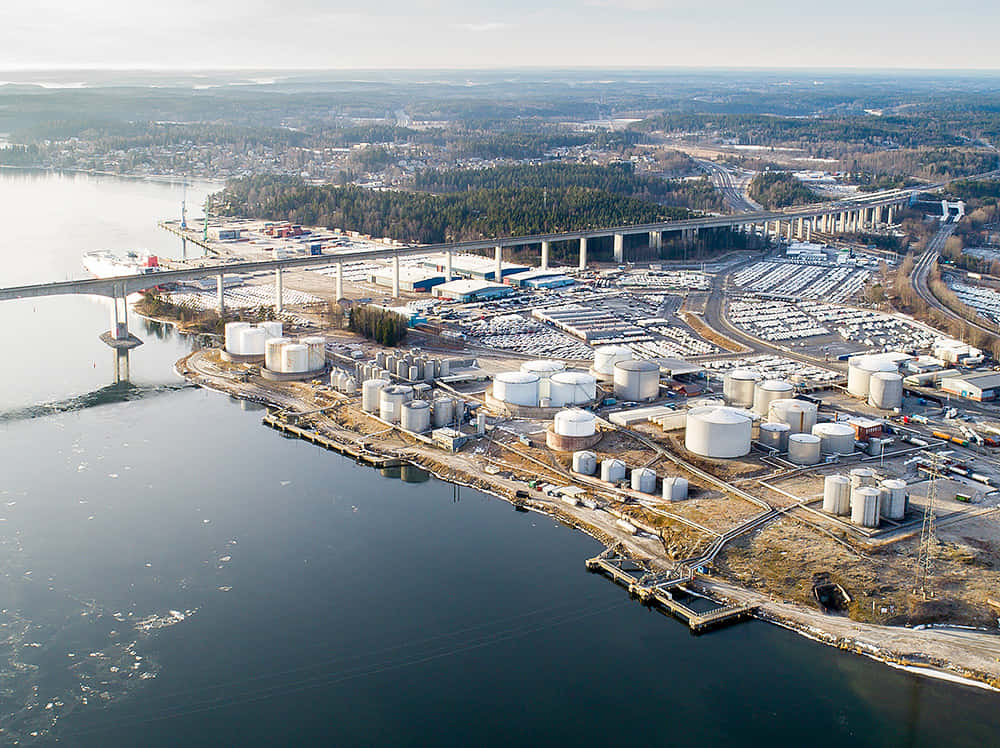 Södertälje, industrial port, white storage tanks, SD Desktop Wallpaper