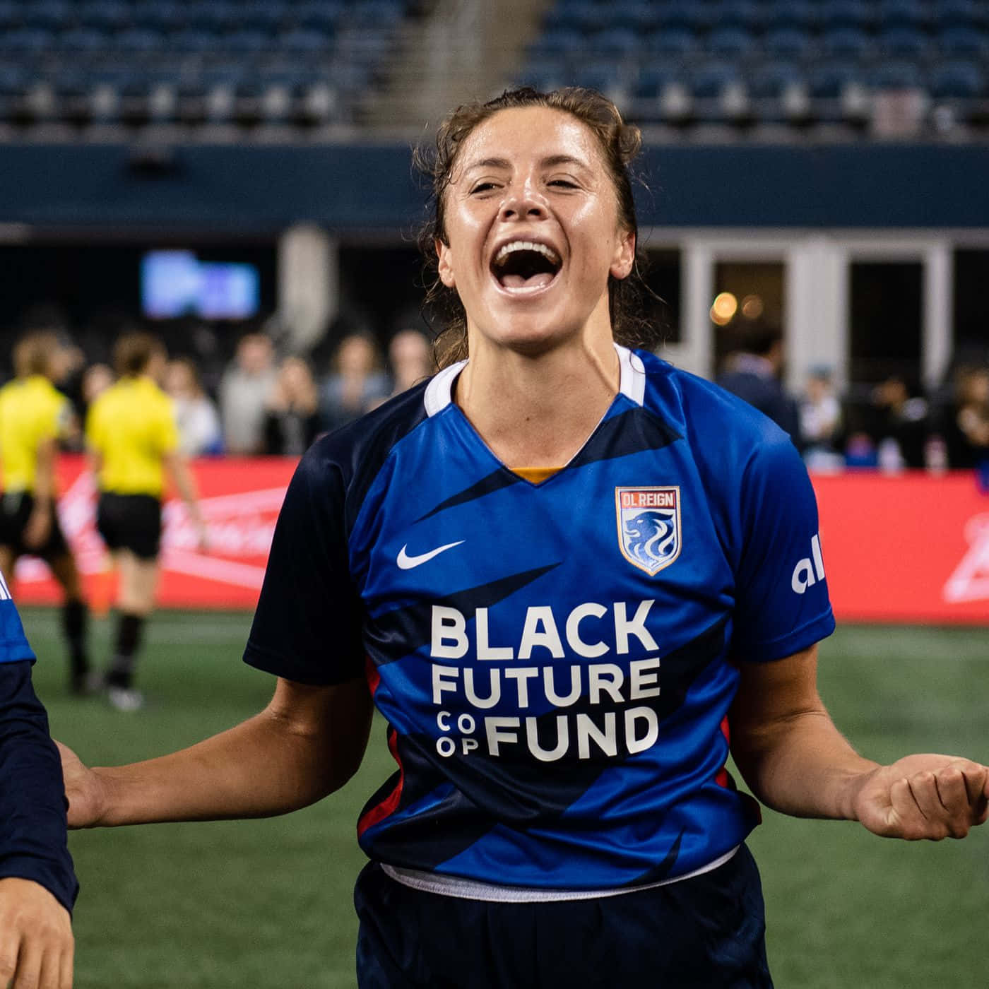 Sofia Huerta, blue jersey, stadium field, HD Desktop Wallpaper