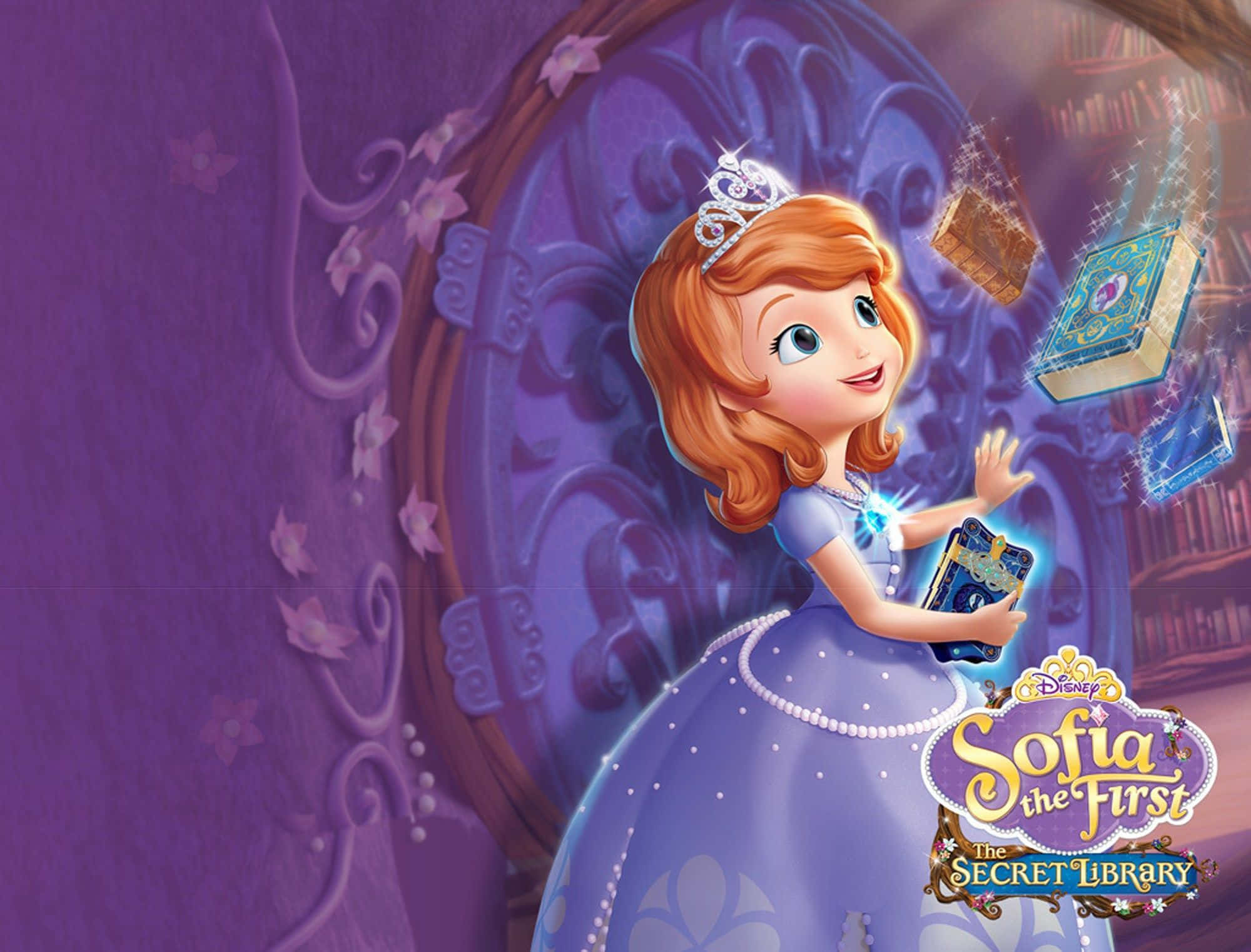 Sofia The First, purple gown, floating books, Full HD Desktop Wallpaper