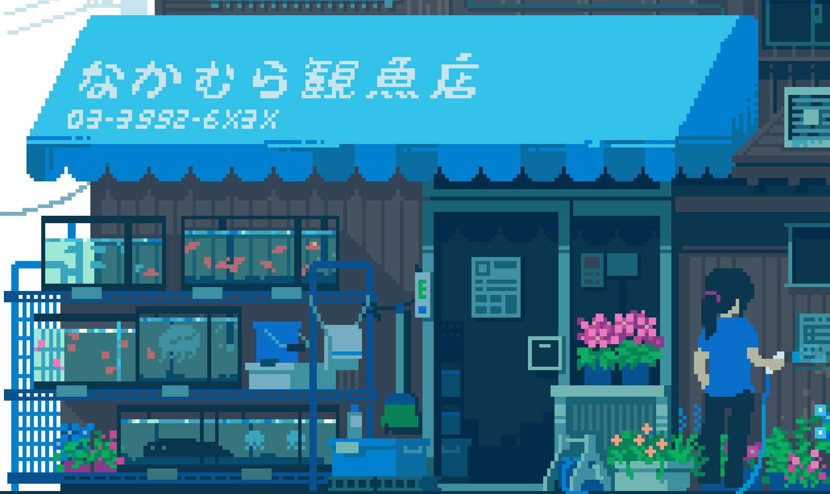 Soft Aesthetic Computer, pixel-art fish shop, blue awning, HD Desktop Wallpaper